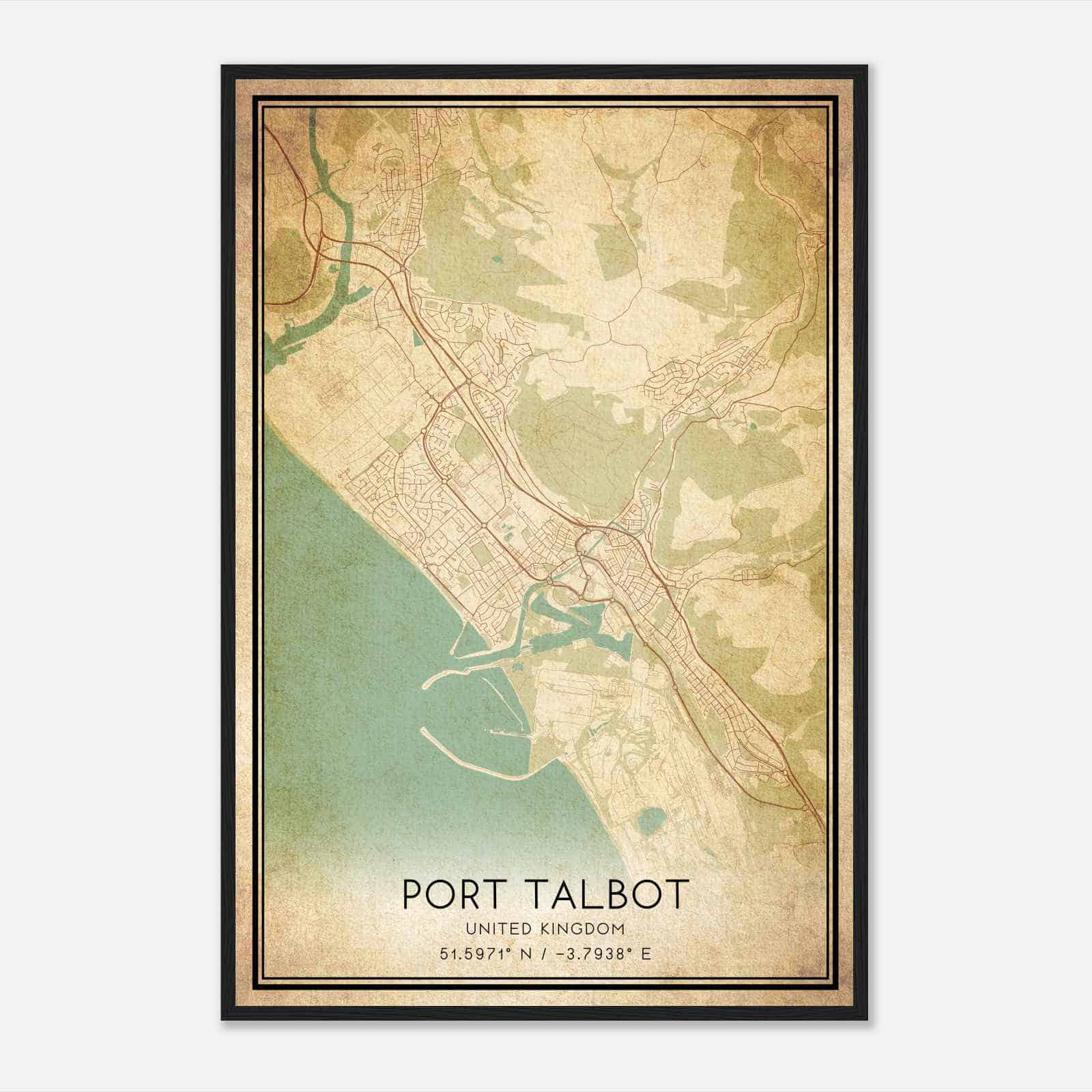 Vintage Port Talbot United Kingdom Map Poster, Port Talbot City Road Wall Art Print