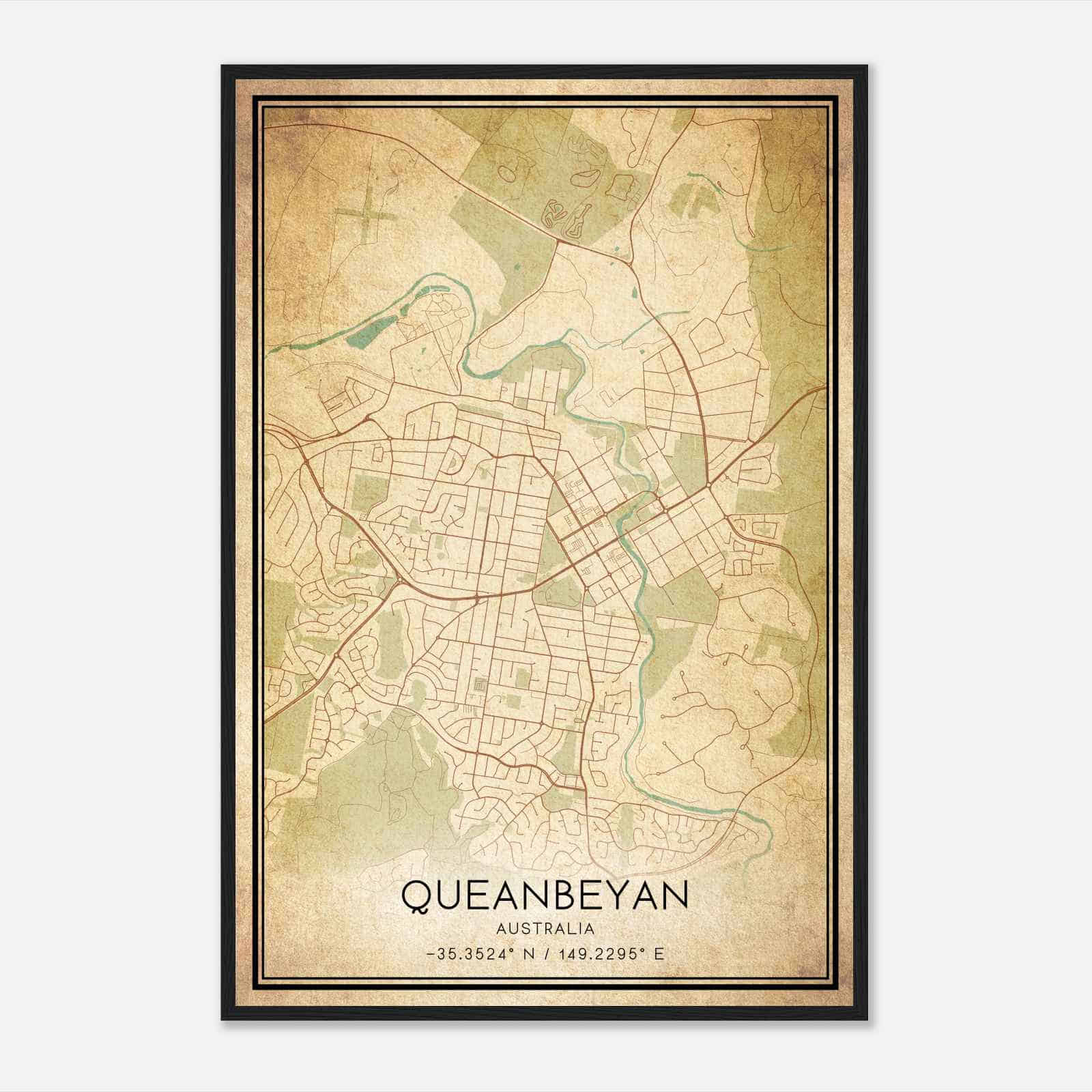 Vintage Queanbeyan Australia Map Poster, Queanbeyan City Road Wall Art Print
