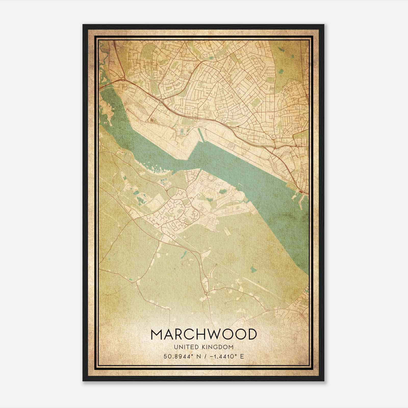 Vintage Marchwood United Kingdom Map Poster, Marchwood City Road Wall Art Print