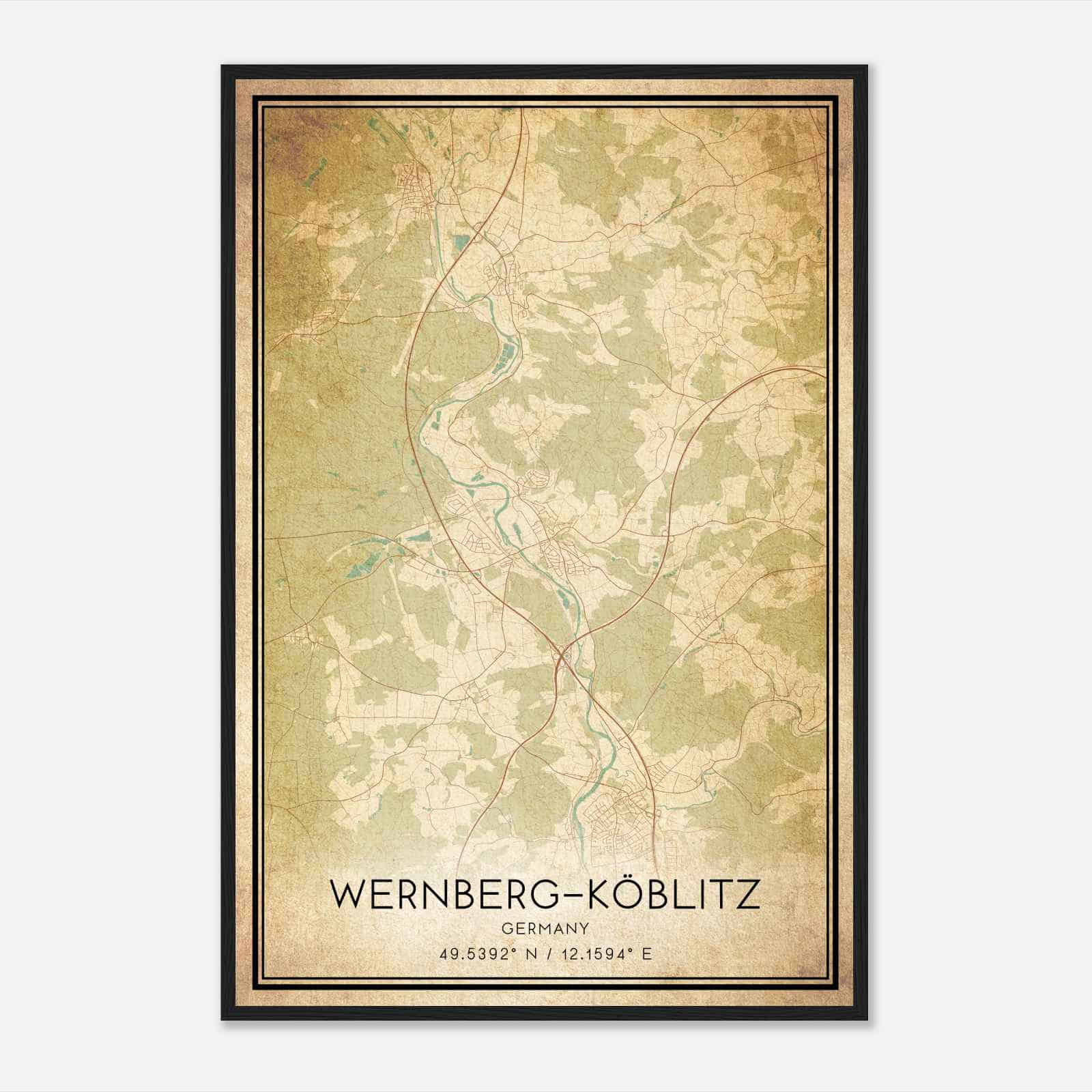 Vintage Wernberg-Koblitz Germany Map Poster, Wernberg-Koblitz City Road Wall Art Print