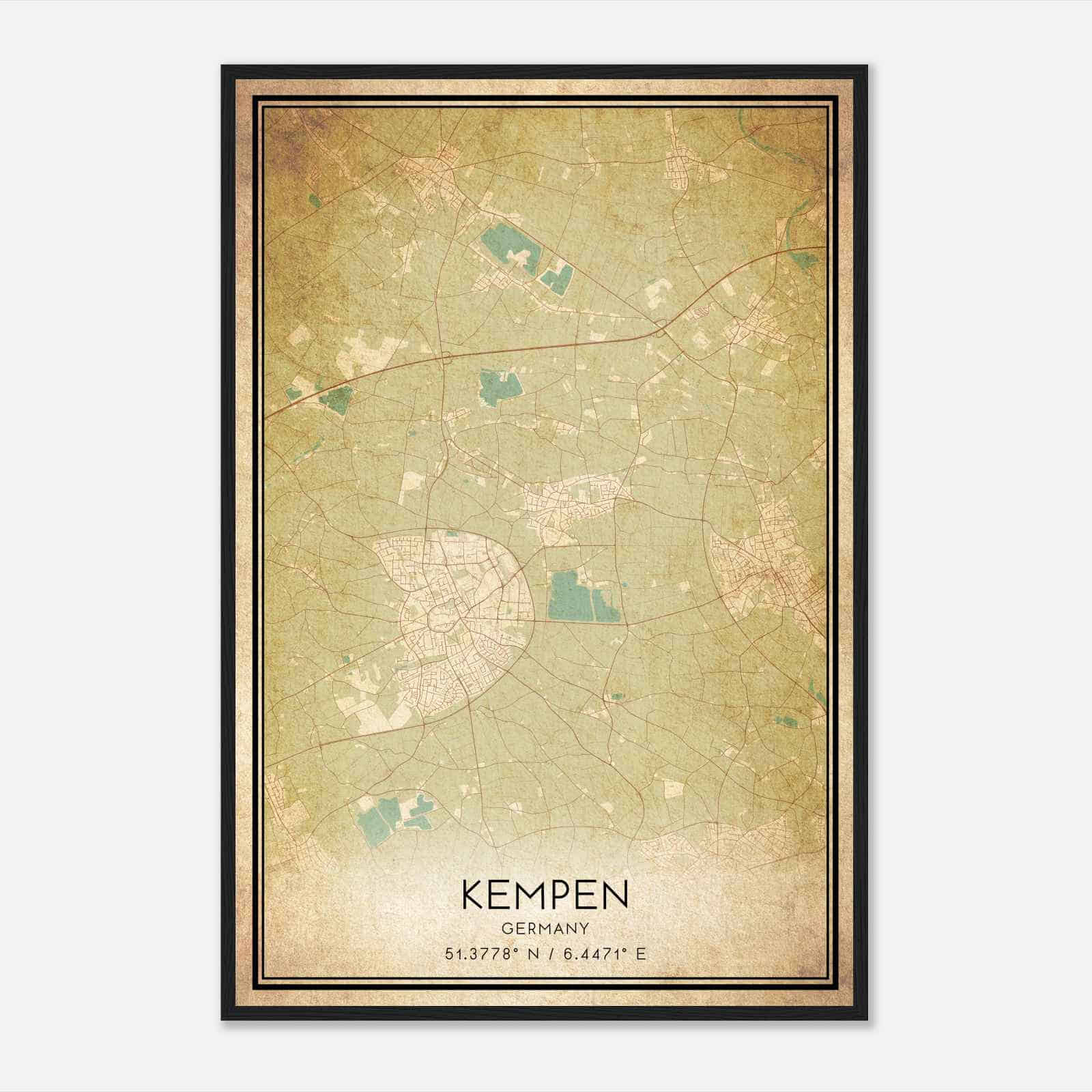 Vintage Kempen Germany Map Poster, Kempen City Road Wall Art Print