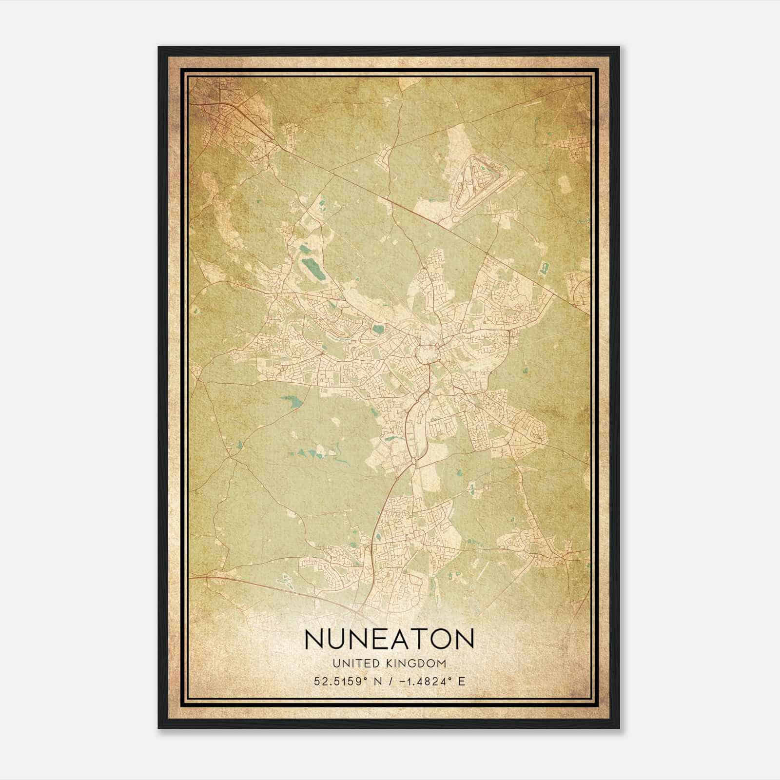 Vintage Nuneaton United Kingdom Map Poster, Nuneaton City Road Wall Art Print