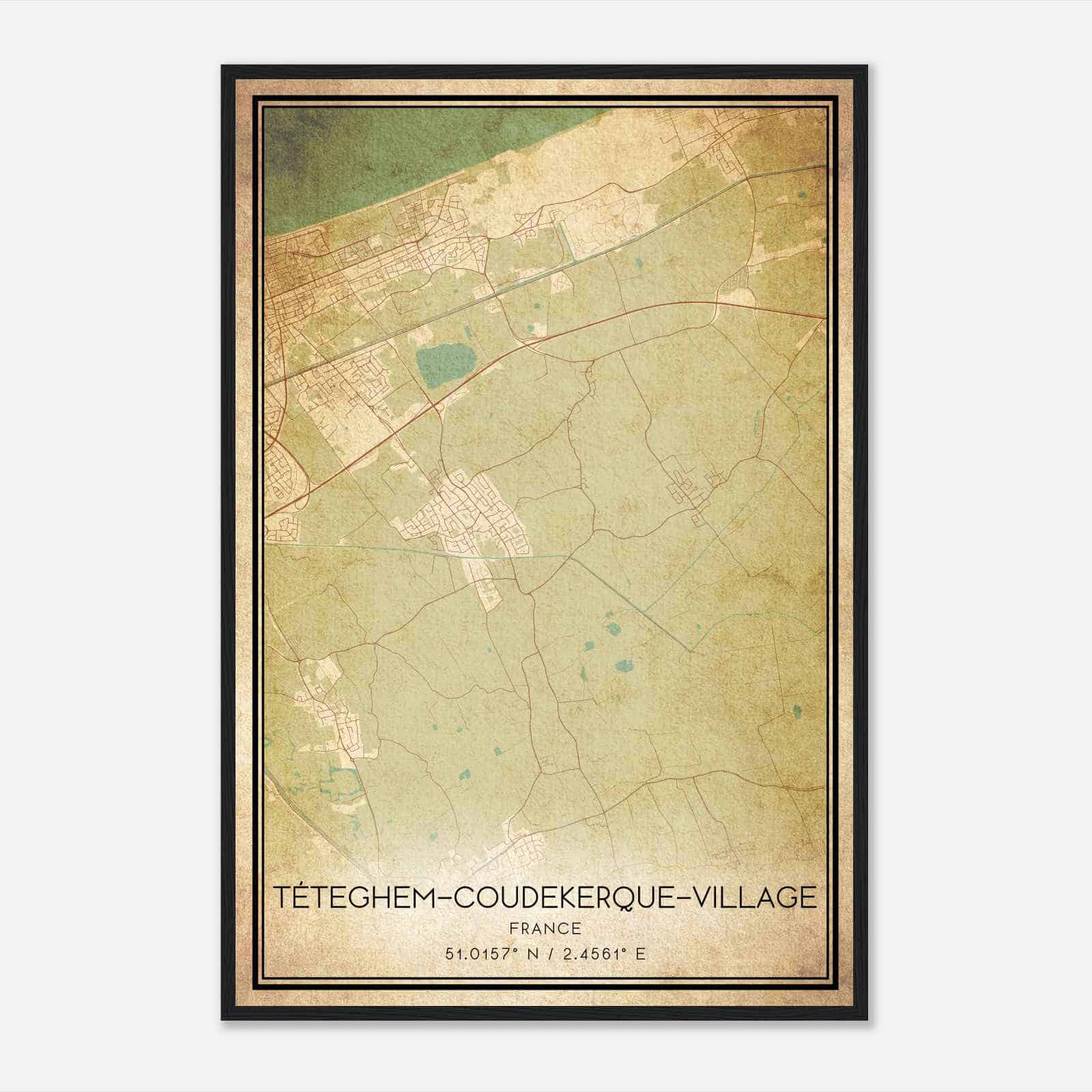 Vintage Teteghem France Map Poster, Teteghem City Road Wall Art Print