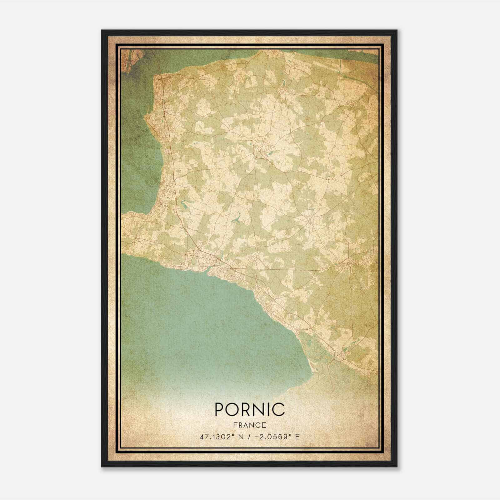 Vintage Pornic France Map Poster, Pornic City Road Wall Art Print