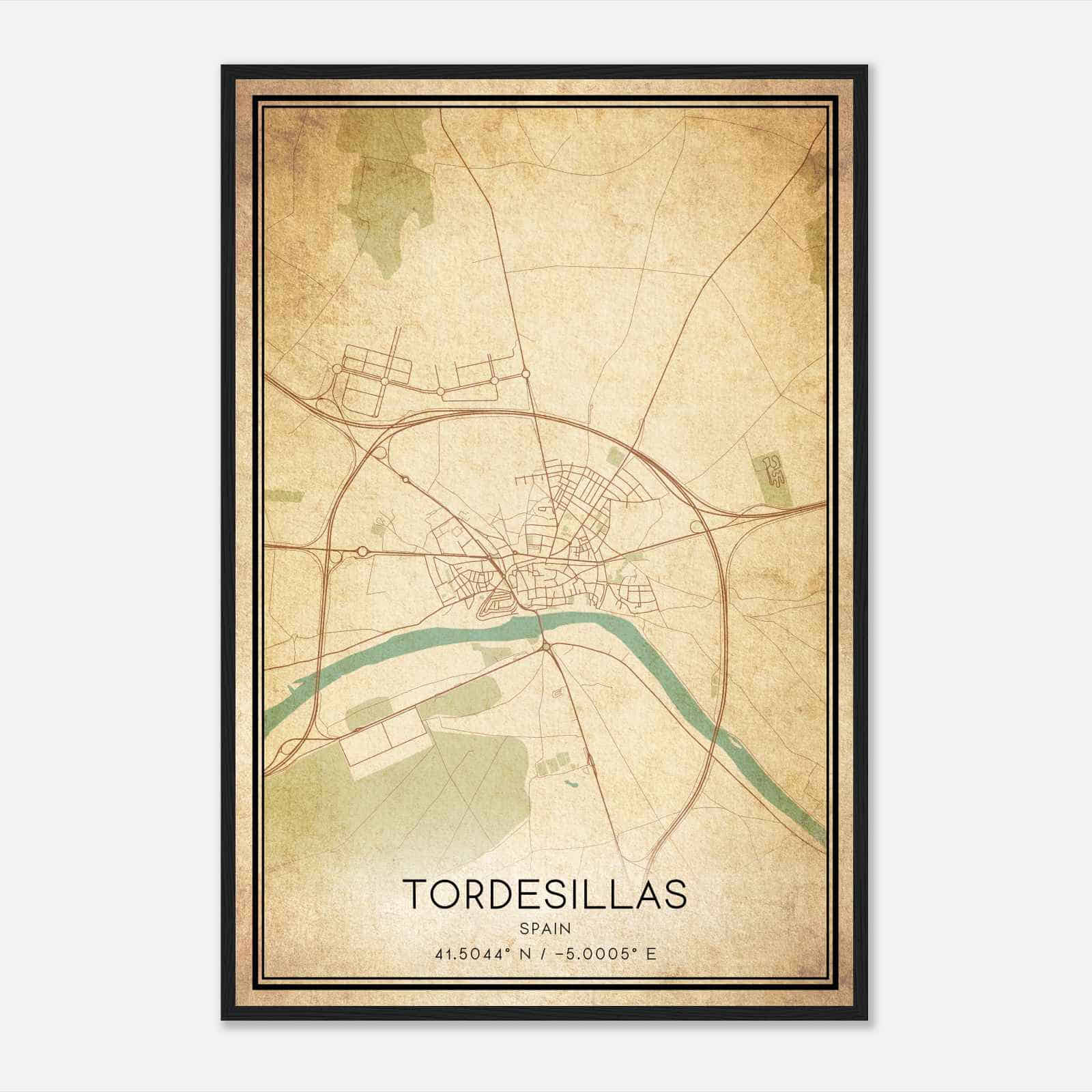 Vintage Tordesillas Spain Map Poster, Tordesillas City Road Wall Art Print