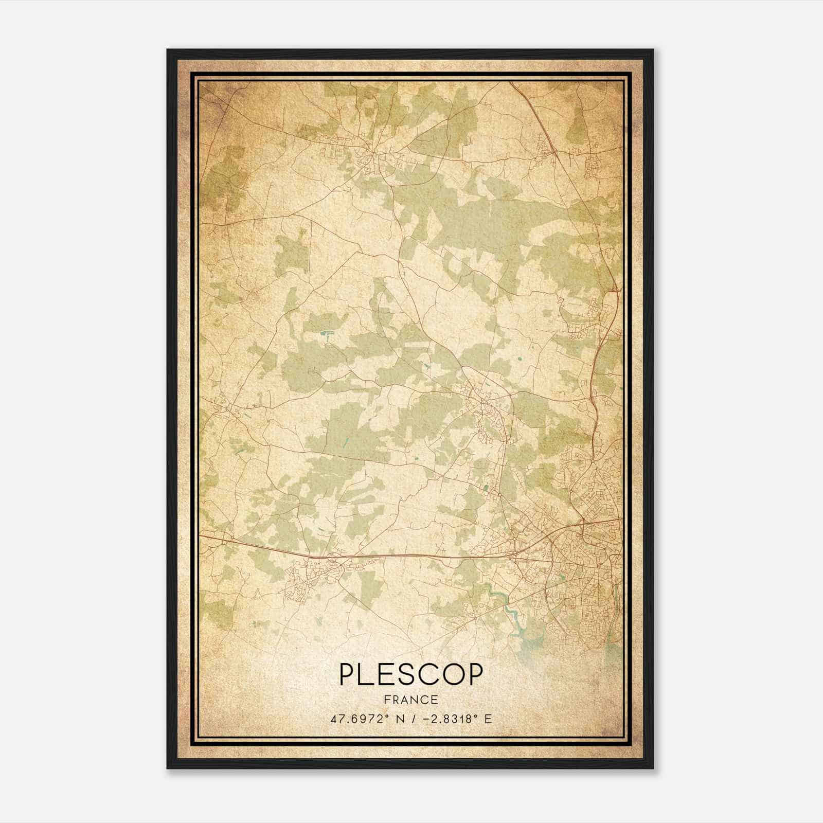 Vintage Plescop France Map Poster, Plescop City Road Wall Art Print