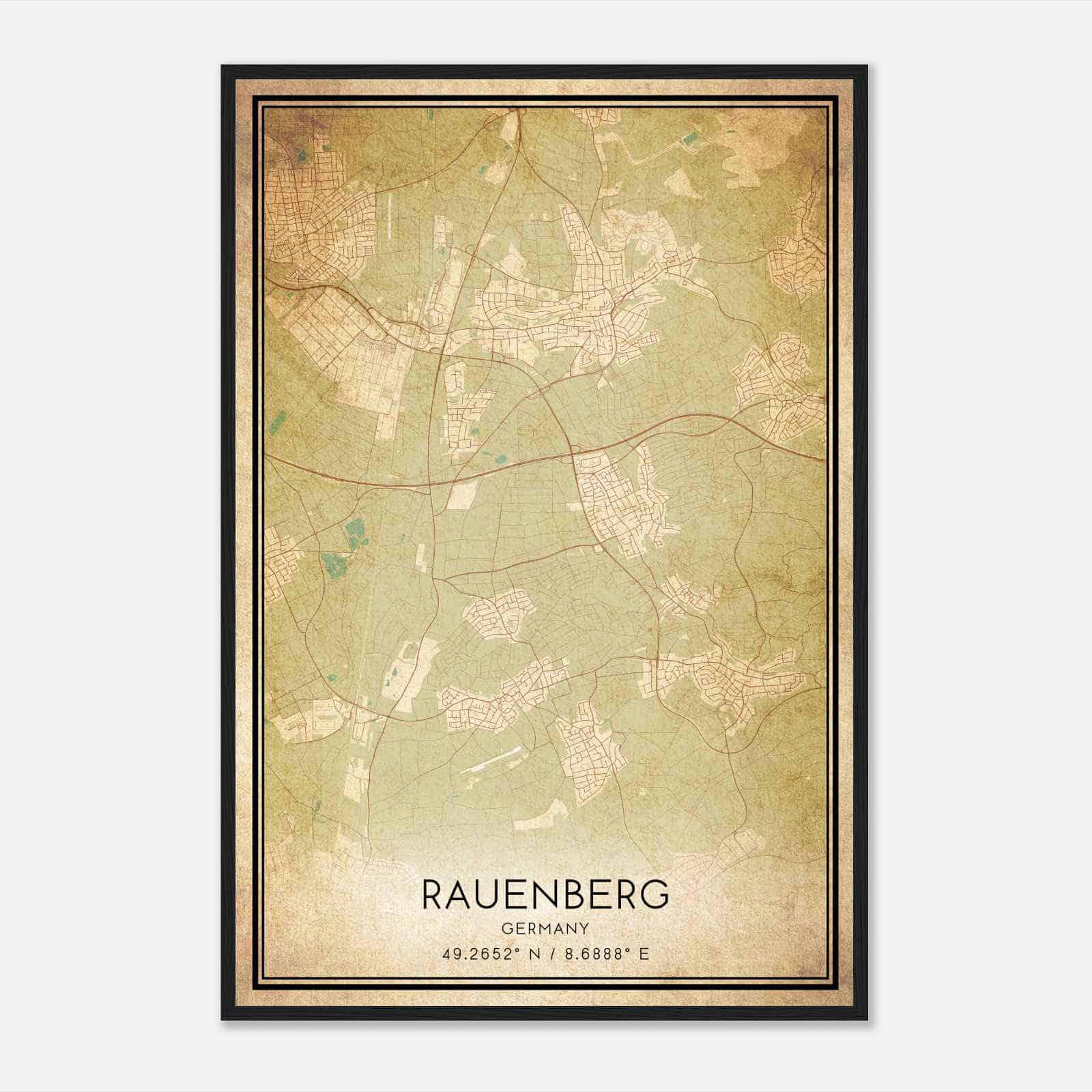 Vintage Rauenberg Germany Map Poster, Rauenberg City Road Wall Art Print