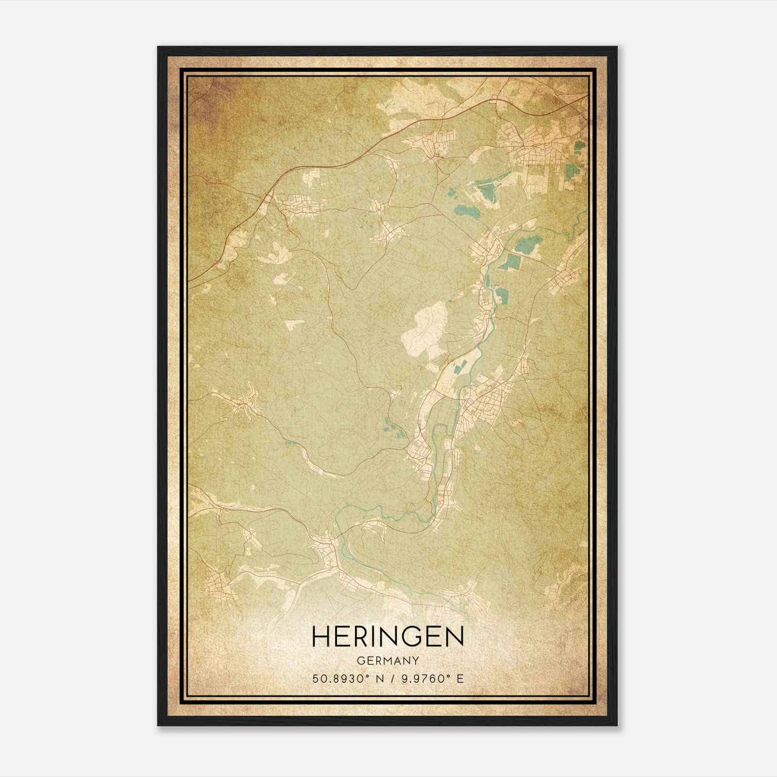 Vintage Heringen Germany Map Poster, Heringen City Road Wall Art Print