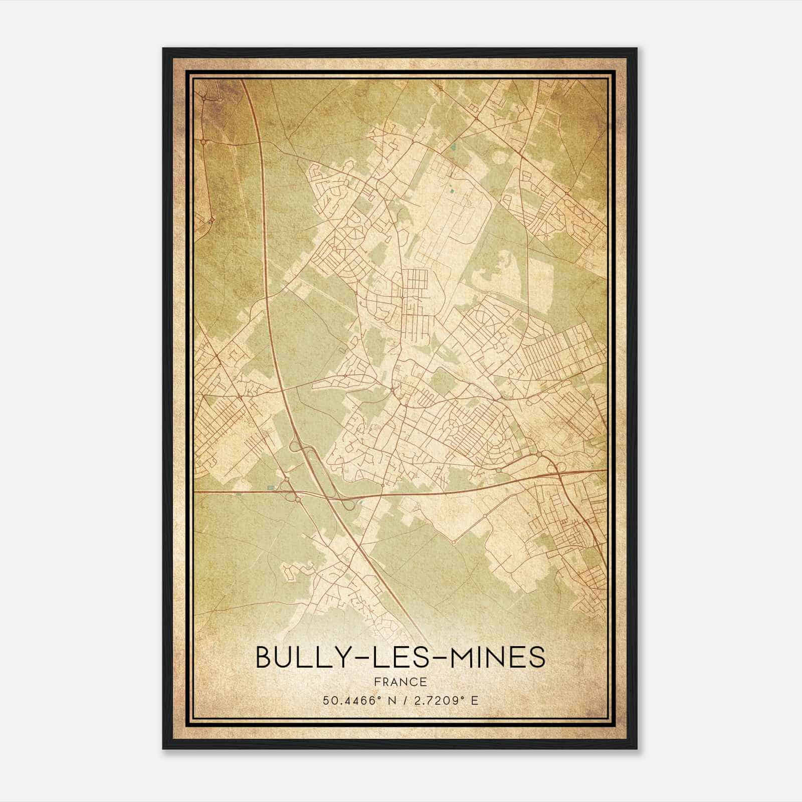 Vintage Bully-les-Mines France Map Poster, Bully-les-Mines City Road Wall Art Print