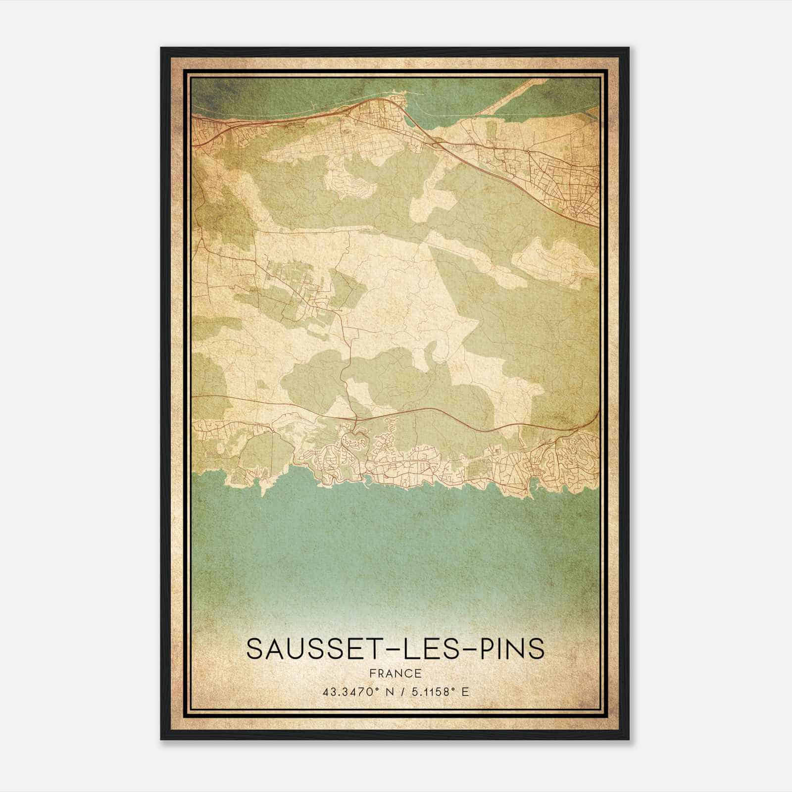 Vintage Sausset-les-Pins France Map Poster, Sausset-les-Pins City Road Wall Art Print