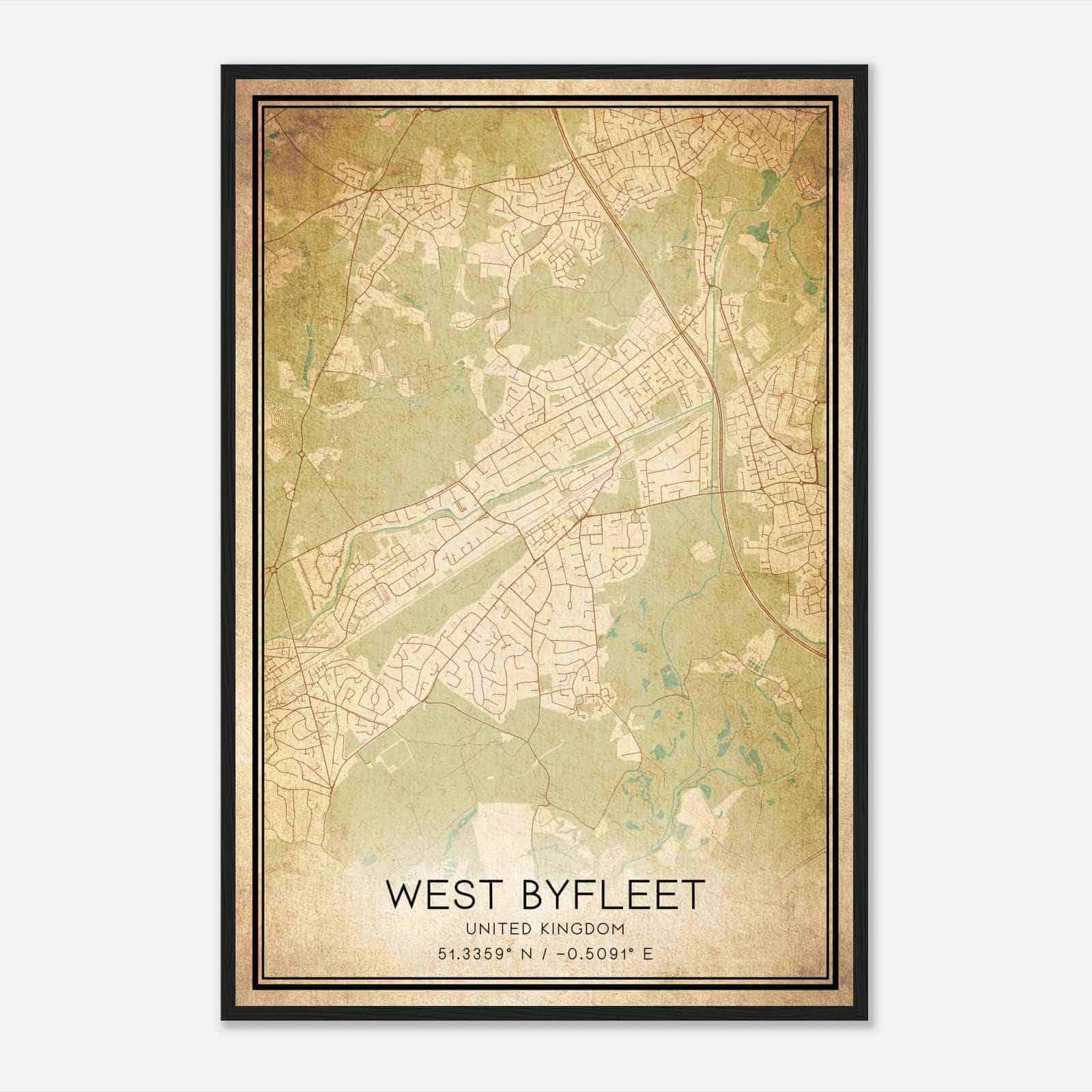 Vintage West Byfleet United Kingdom Map Poster, West Byfleet City Road Wall Art Print
