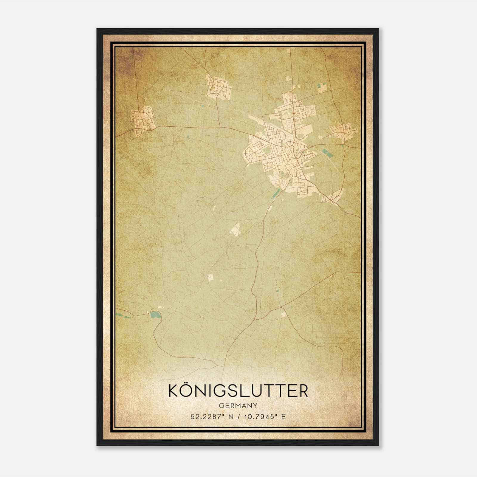 Vintage Konigslutter am Elm Germany Map Poster, Konigslutter am Elm City Road Wall Art Print