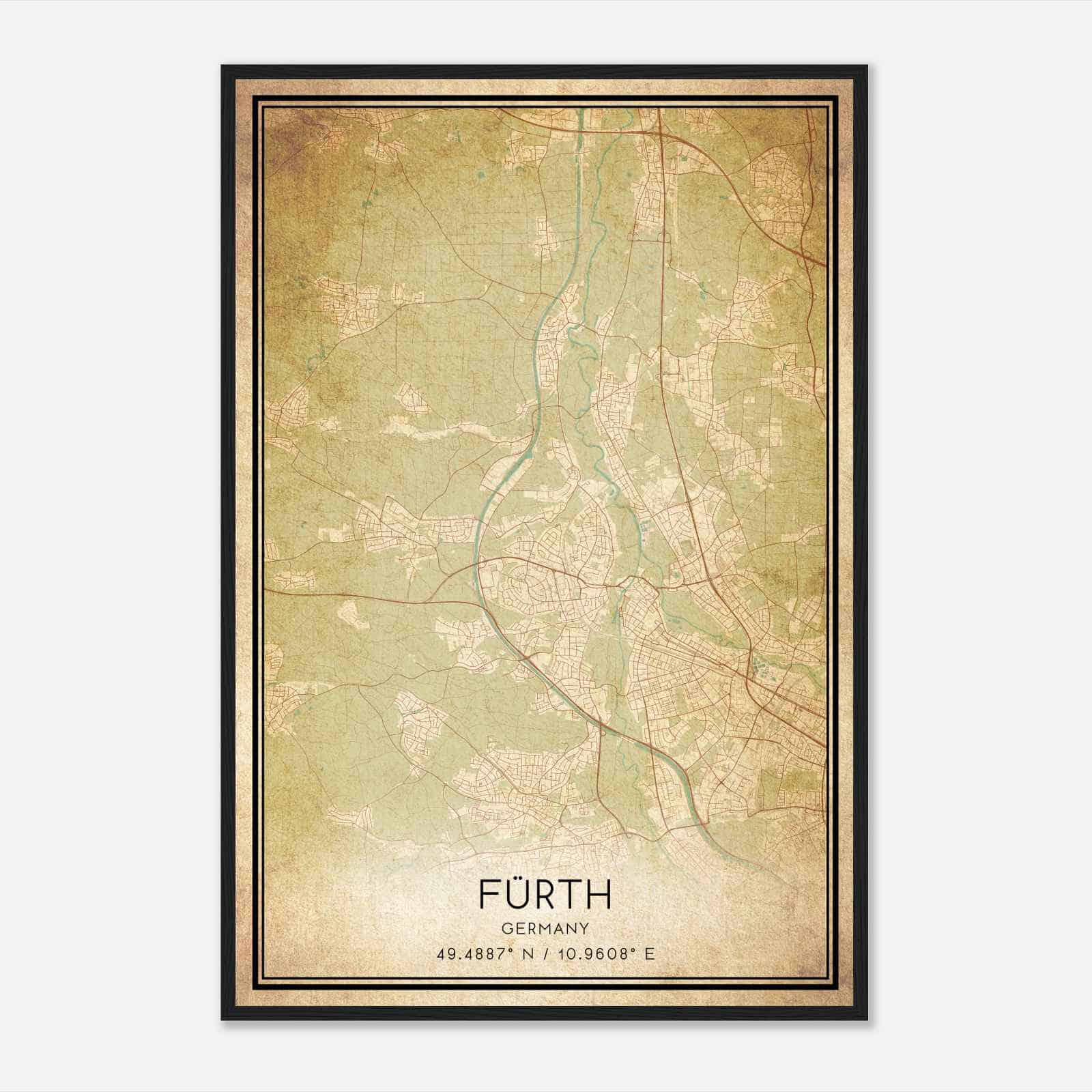 Vintage Furth Germany Map Poster, Furth City Road Wall Art Print