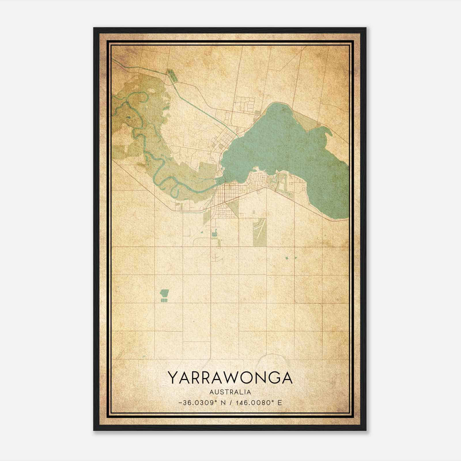 Vintage Yarrawonga Australia Map Poster, Yarrawonga City Road Wall Art Print