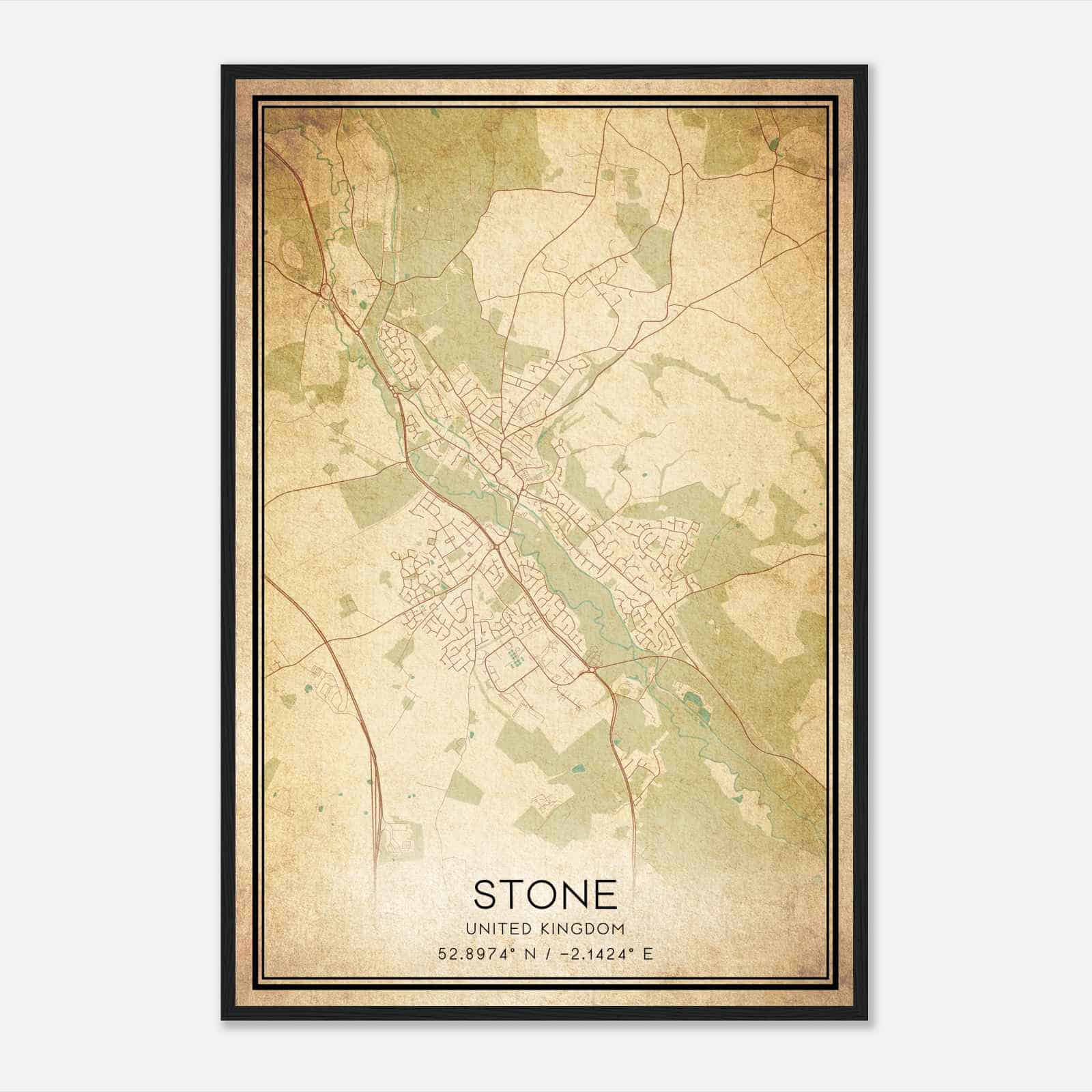 Vintage Stone United Kingdom Map Poster, Stone City Road Wall Art Print