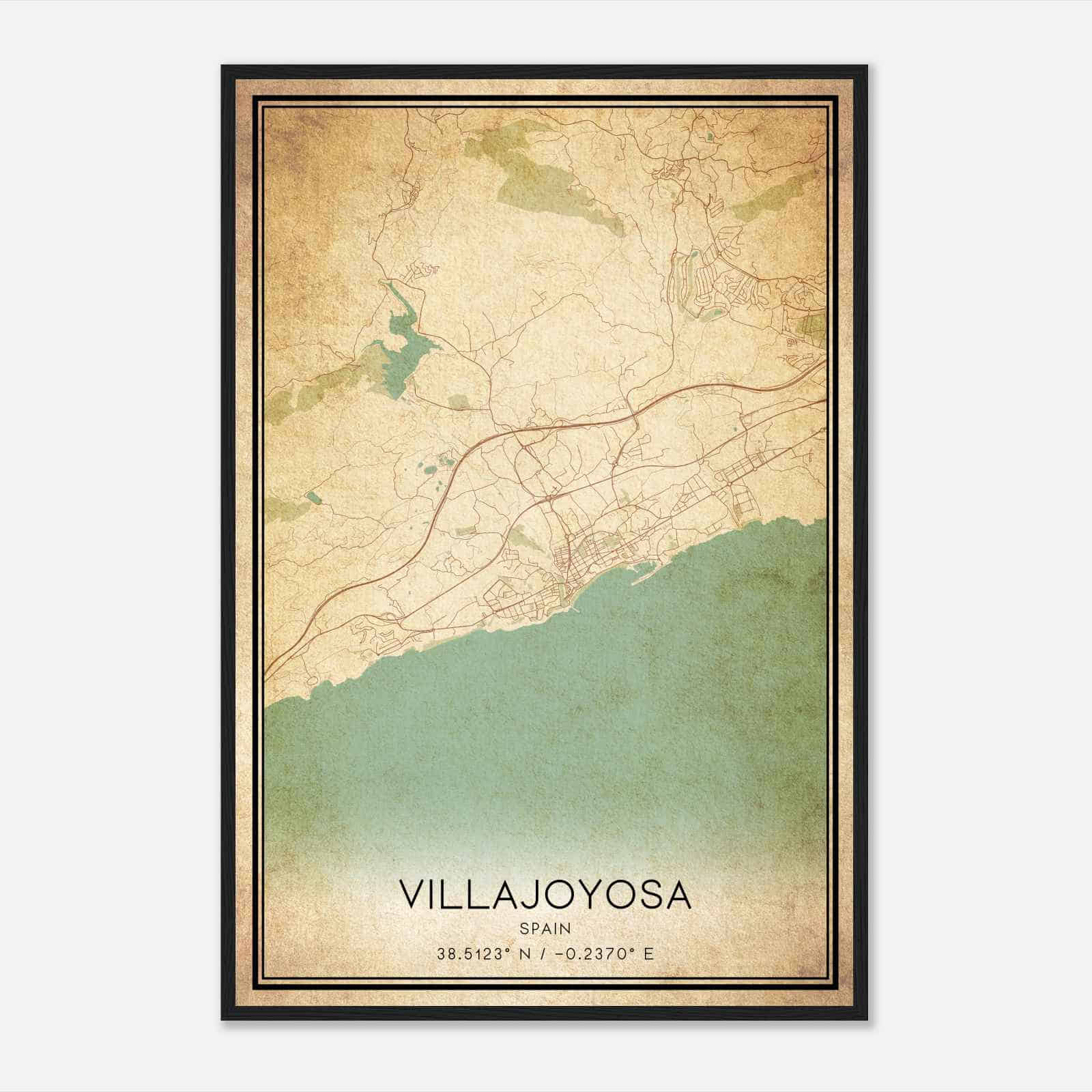 Vintage Villajoyosa Spain Map Poster, Villajoyosa City Road Wall Art Print