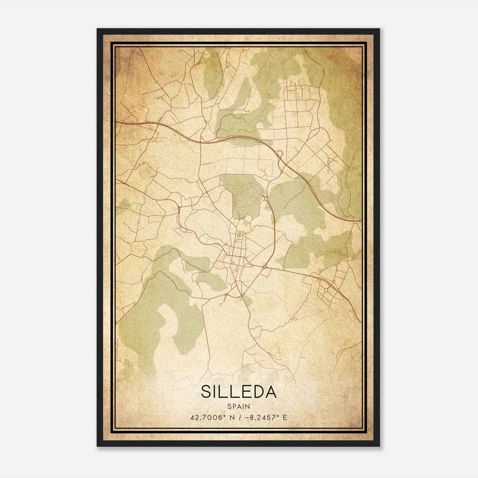 Vintage Silleda Spain Map Poster, Silleda City Road Wall Art Print