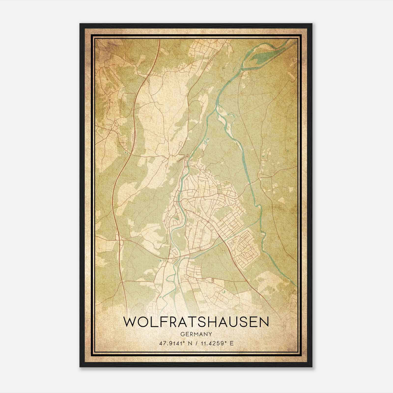 Vintage Wolfratshausen Germany Map Poster, Wolfratshausen City Road Wall Art Print