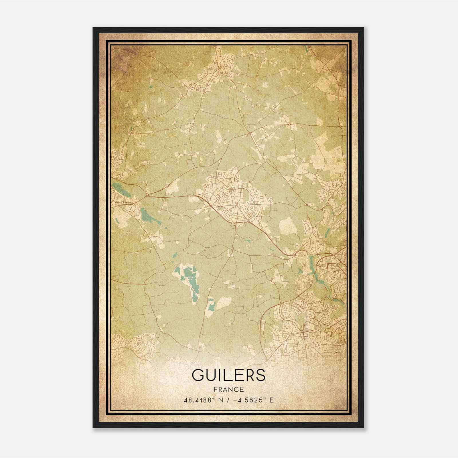Vintage Guilers France Map Poster, Guilers City Road Wall Art Print