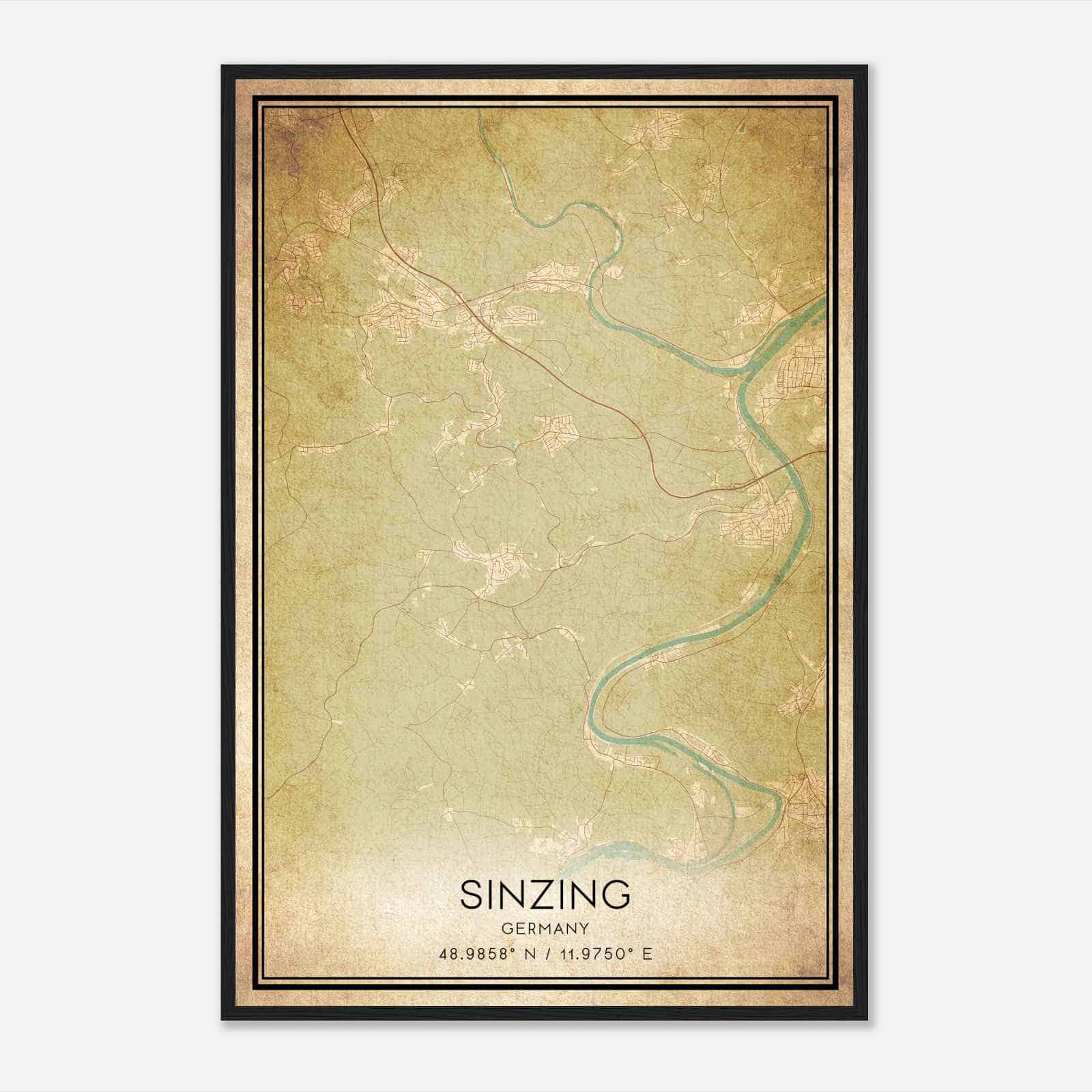 Vintage Sinzing Germany Map Poster, Sinzing City Road Wall Art Print