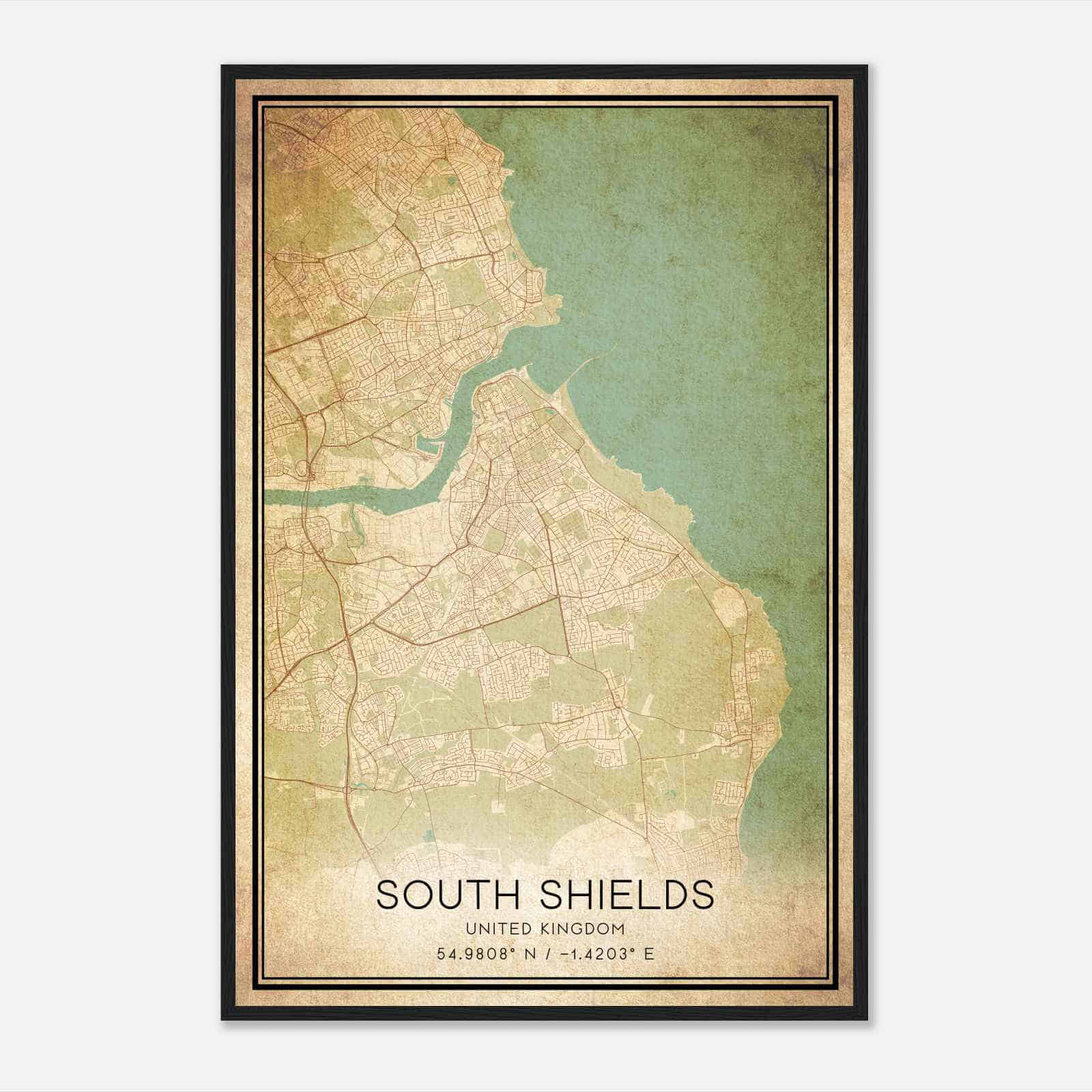 Vintage South Shields United Kingdom Map Poster, South Shields City Road Wall Art Print