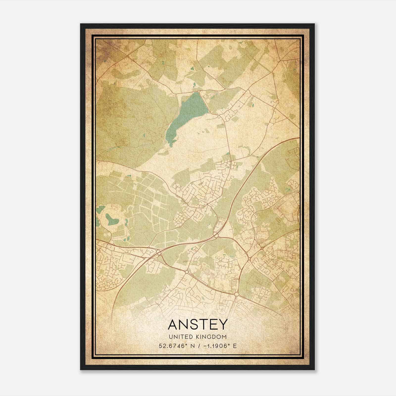 Vintage Anstey United Kingdom Map Poster, Anstey City Road Wall Art Print Vintage Anstey United Kingdom Map Poster, Anstey City Road Wall Art Print