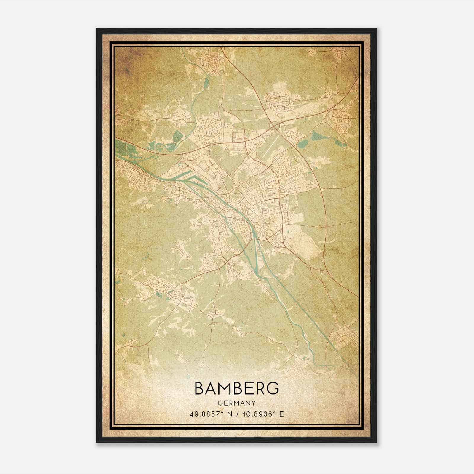 Vintage Bamberg Germany Map Poster, Bamberg City Road Wall Art Print