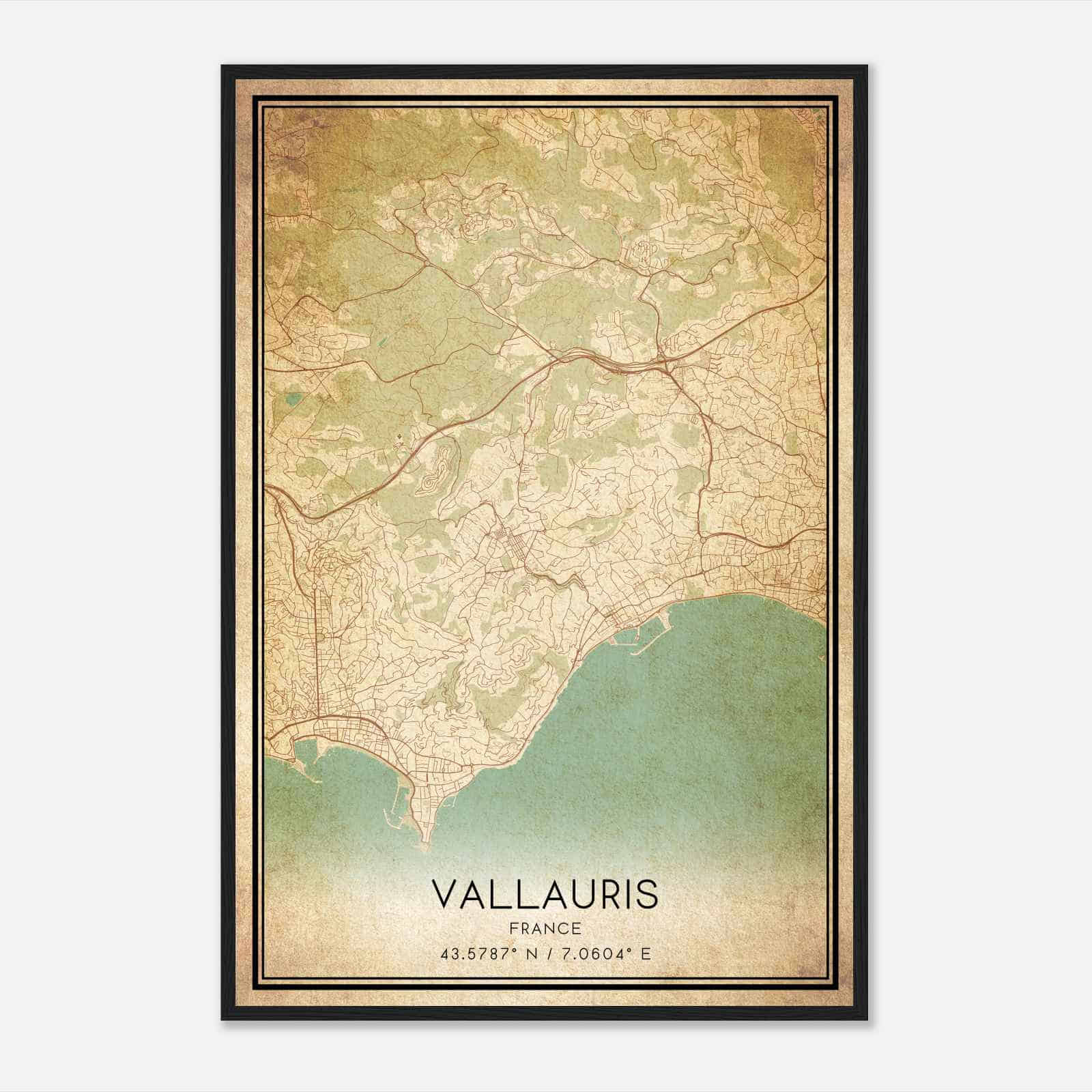 Vintage Vallauris France Map Poster, Vallauris City Road Wall Art Print