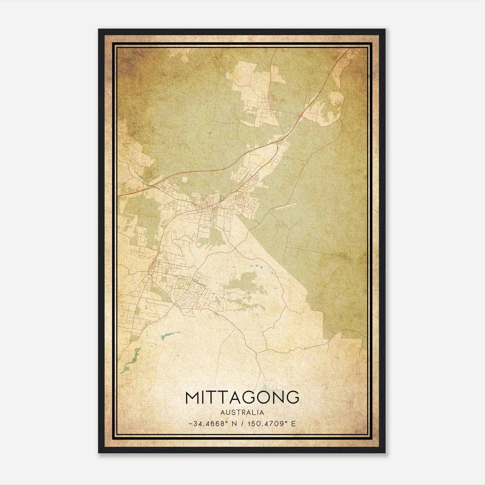 Vintage Mittagong Australia Map Poster, Mittagong City Road Wall Art Print