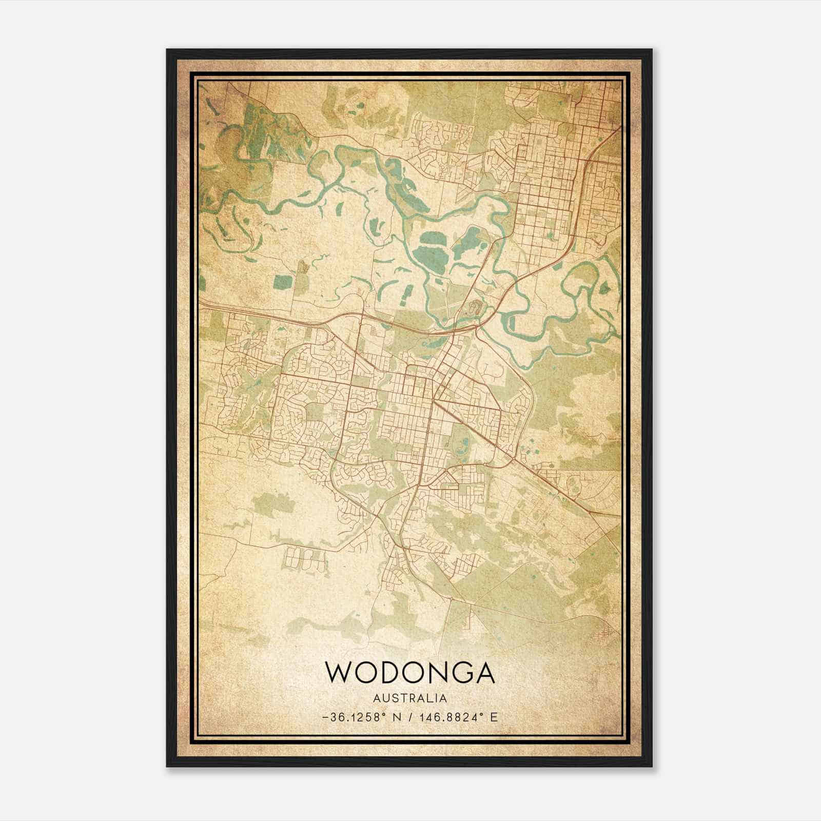 Vintage Wodonga Australia Map Poster, Wodonga City Road Wall Art Print