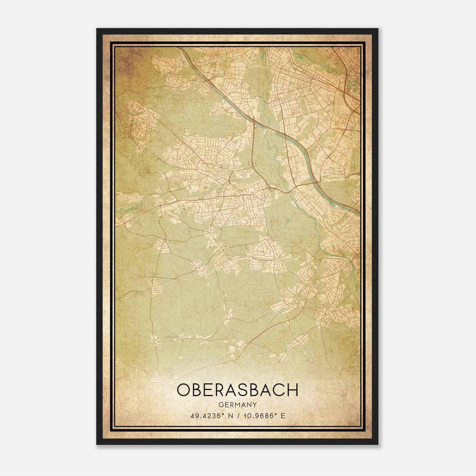 Vintage Oberasbach Germany Map Poster, Oberasbach City Road Wall Art Print