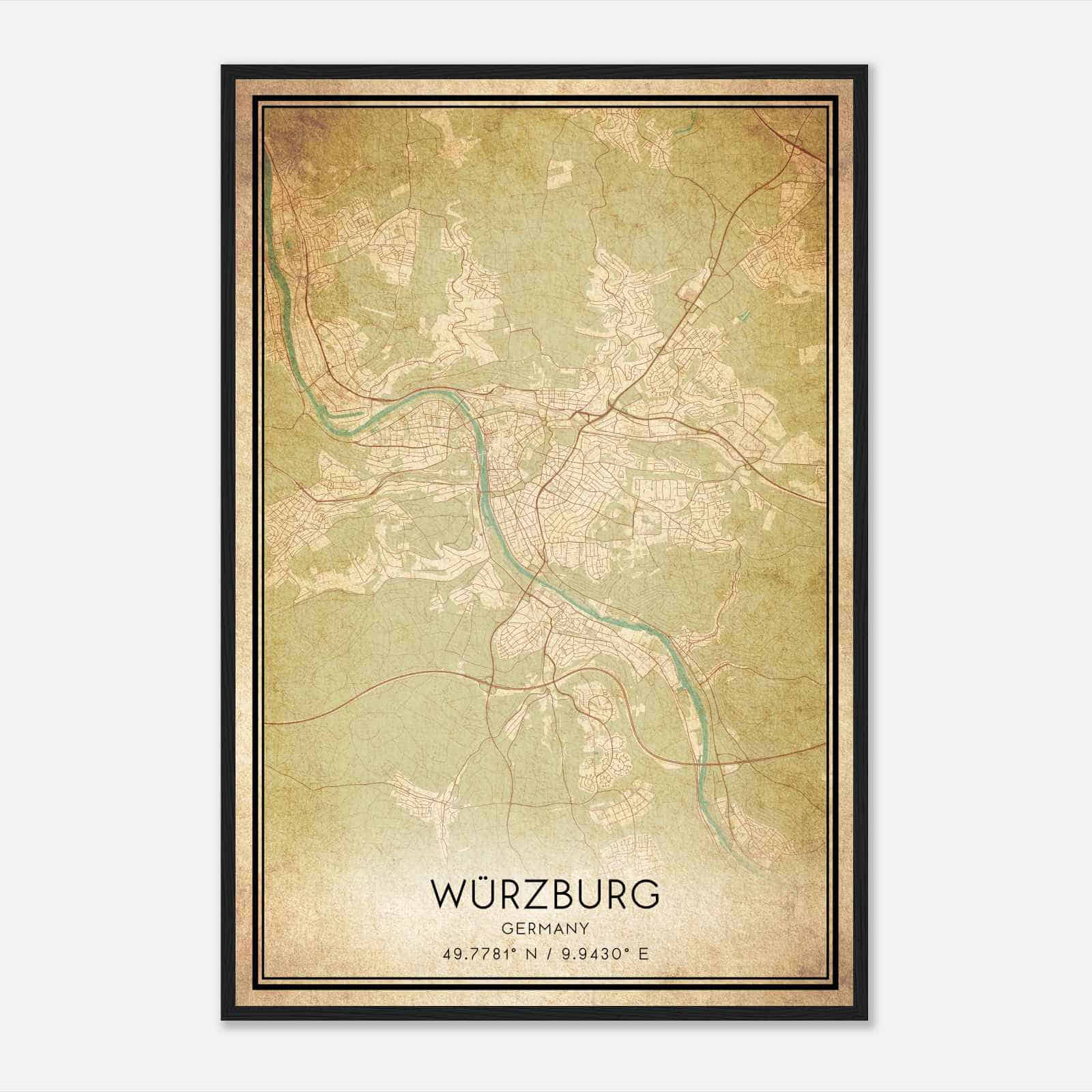 Vintage Wurzburg Germany Map Poster, Wurzburg City Road Wall Art Print
