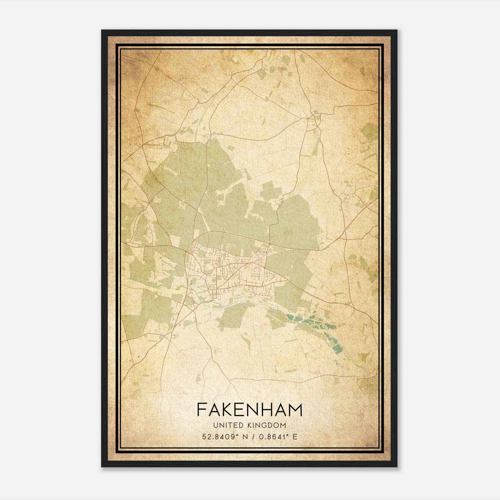 Vintage Fakenham United Kingdom Map Poster, Fakenham City Road Wall Art Print