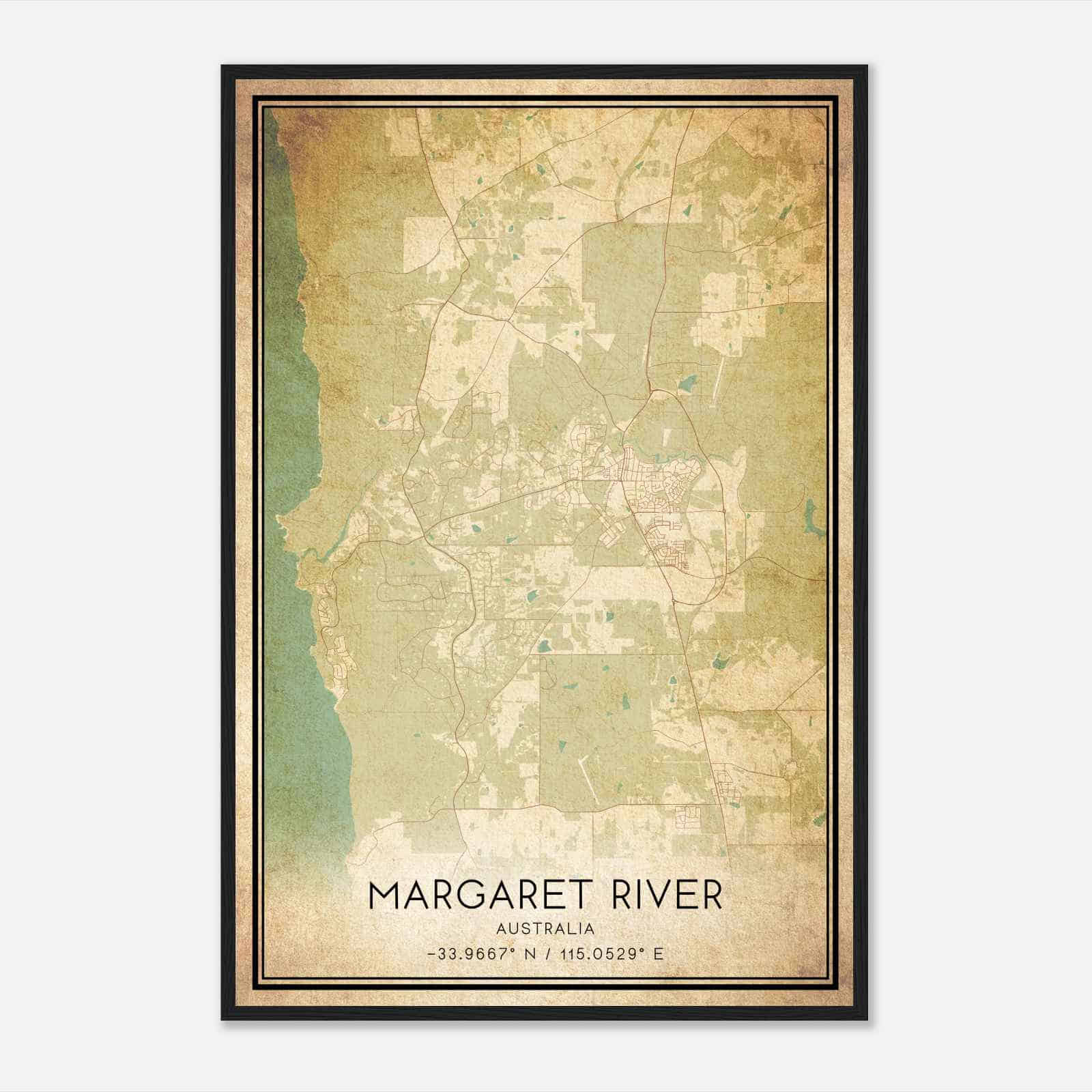 Vintage Margaret River Australia Map Poster, Margaret River City Road Wall Art Print