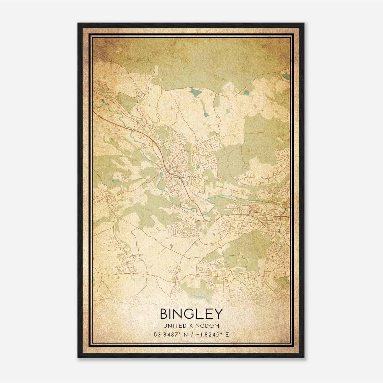 Vintage Bingley United Kingdom Map Poster, Bingley City Road Wall Art Print
