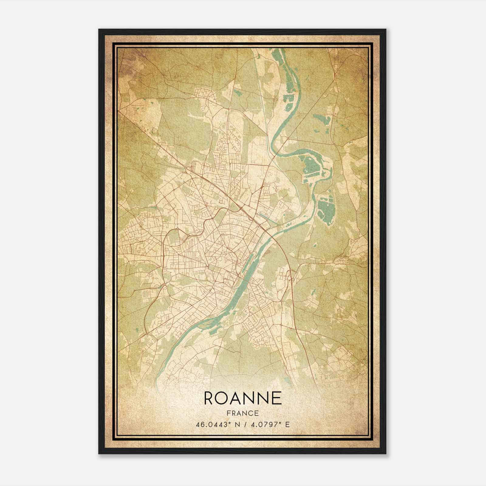 Vintage Roanne France Map Poster, Roanne City Road Wall Art Print