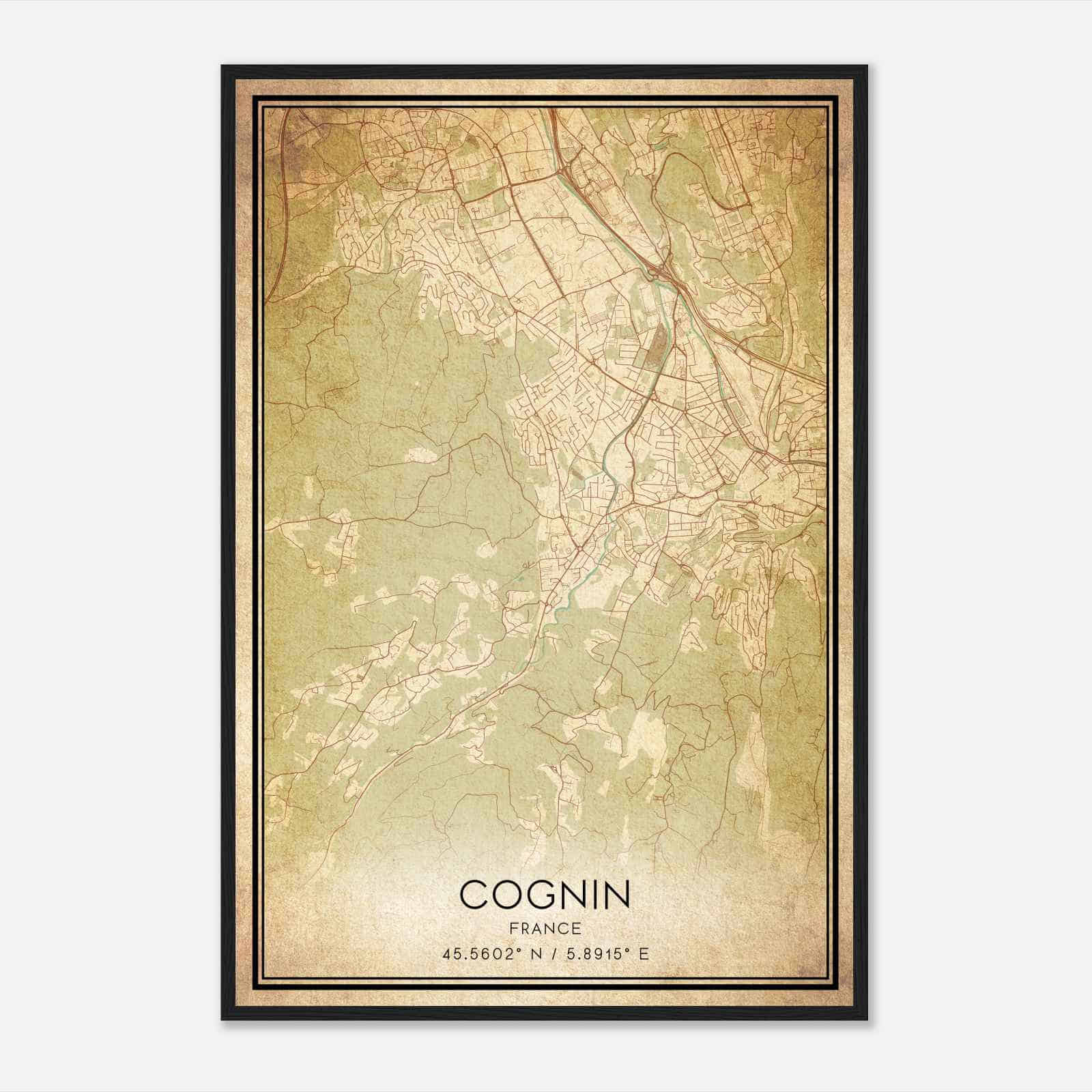 Vintage Cognin France Map Poster, Cognin City Road Wall Art Print