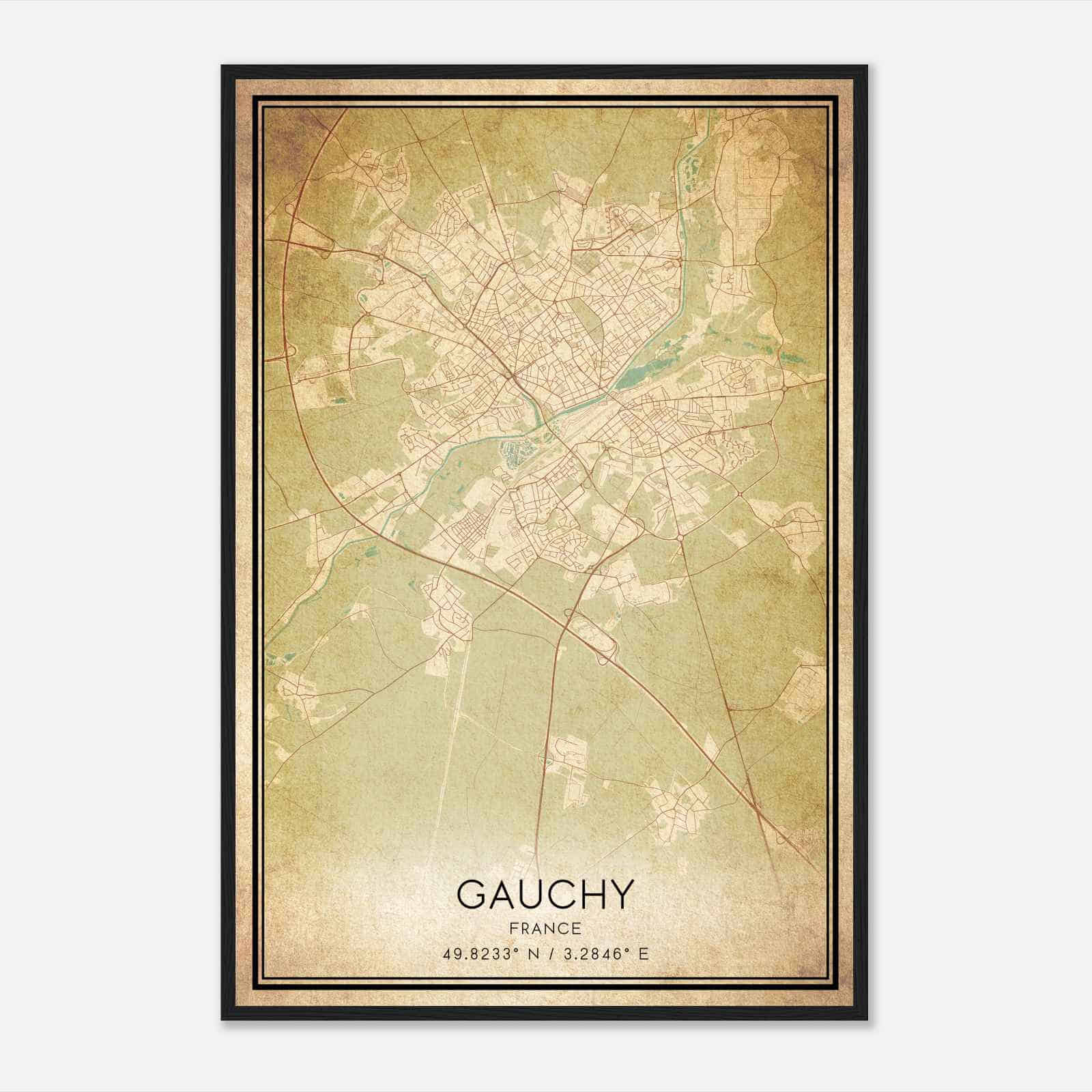 Vintage Gauchy France Map Poster, Gauchy City Road Wall Art Print