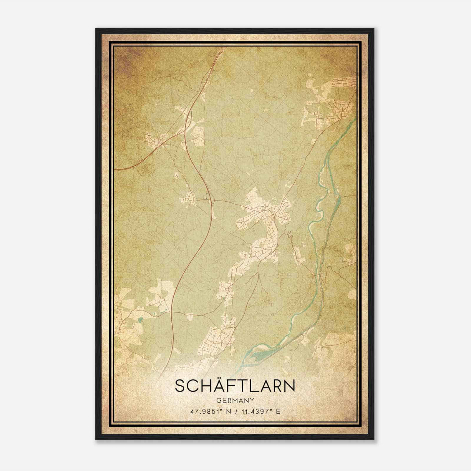 Vintage Schaftlarn Germany Map Poster, Schaftlarn City Road Wall Art Print