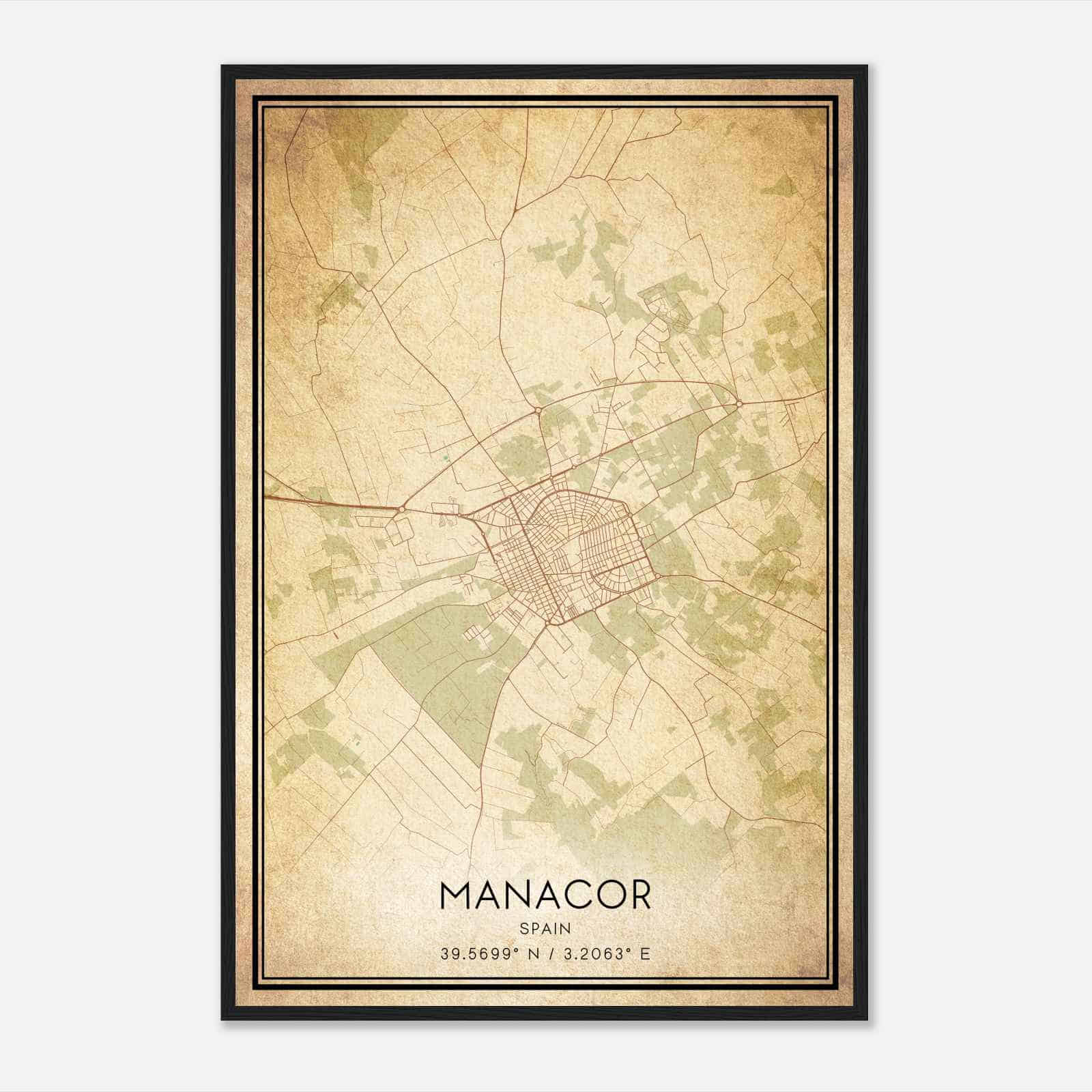 Vintage Manacor Spain Map Poster, Manacor City Road Wall Art Print