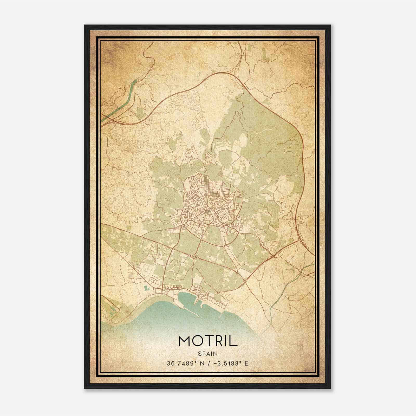 Vintage Motril Spain Map Poster, Motril City Road Wall Art Print