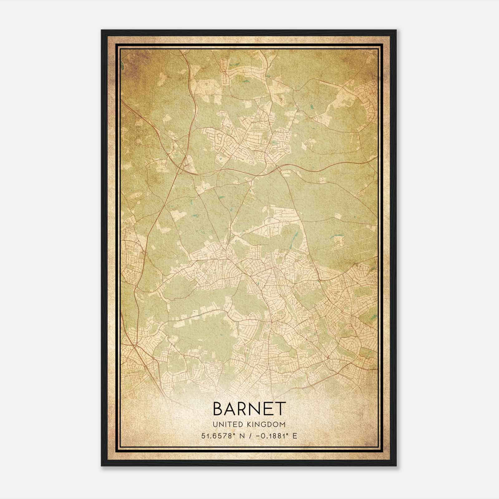 Vintage Barnet United Kingdom Map Poster, Barnet City Road Wall Art Print