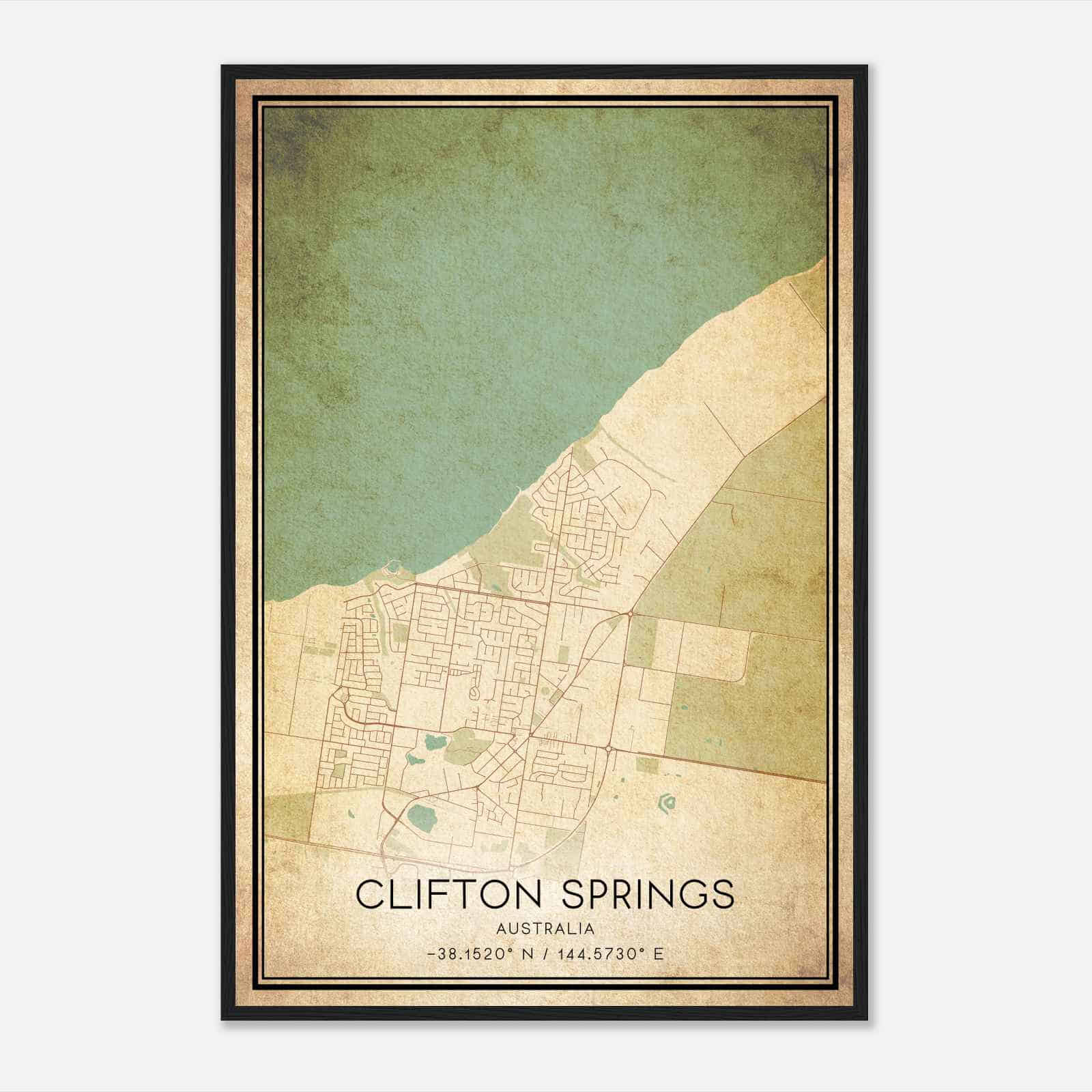Vintage Clifton Springs Australia Map Poster, Clifton Springs City Road Wall Art Print