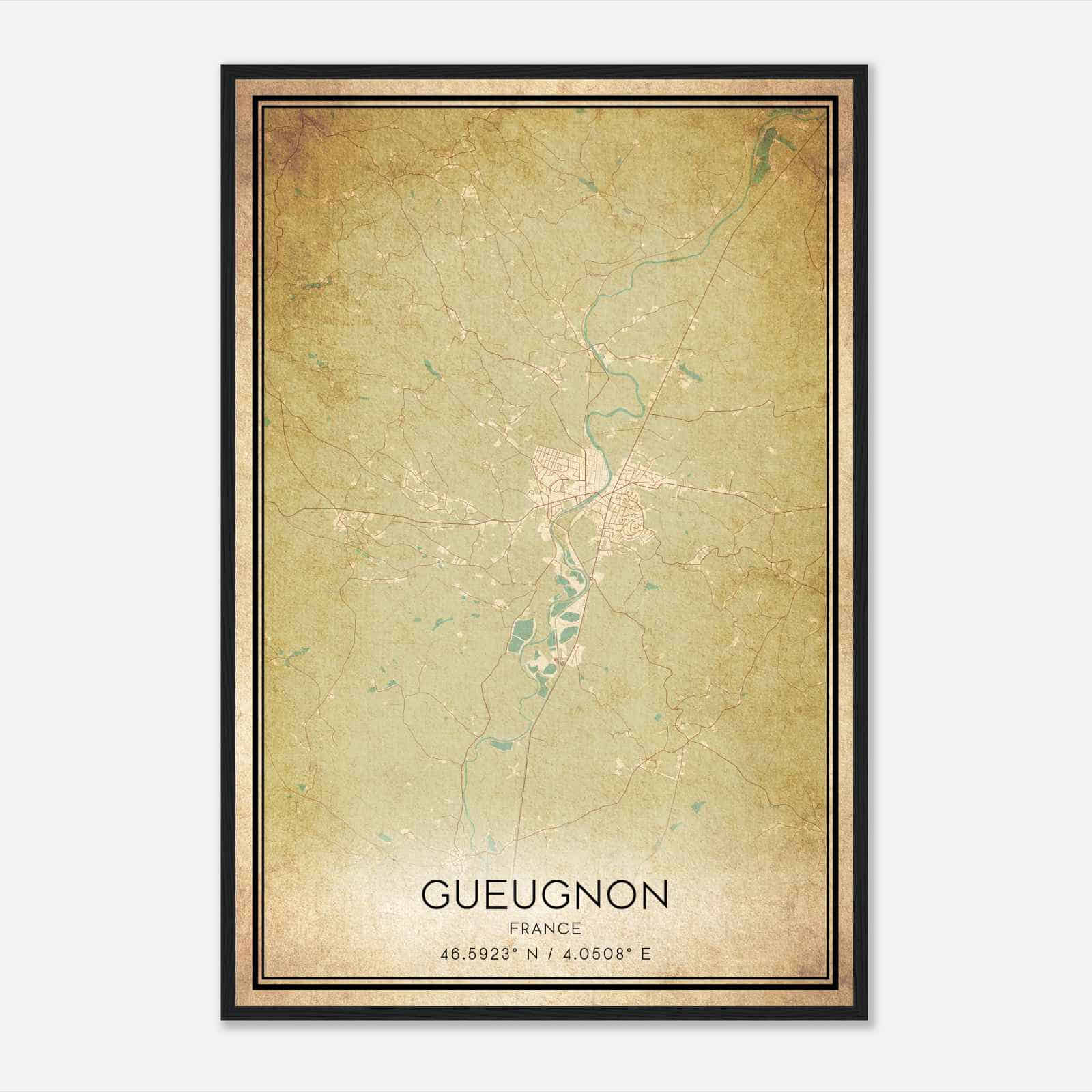Vintage Gueugnon France Map Poster, Gueugnon City Road Wall Art Print