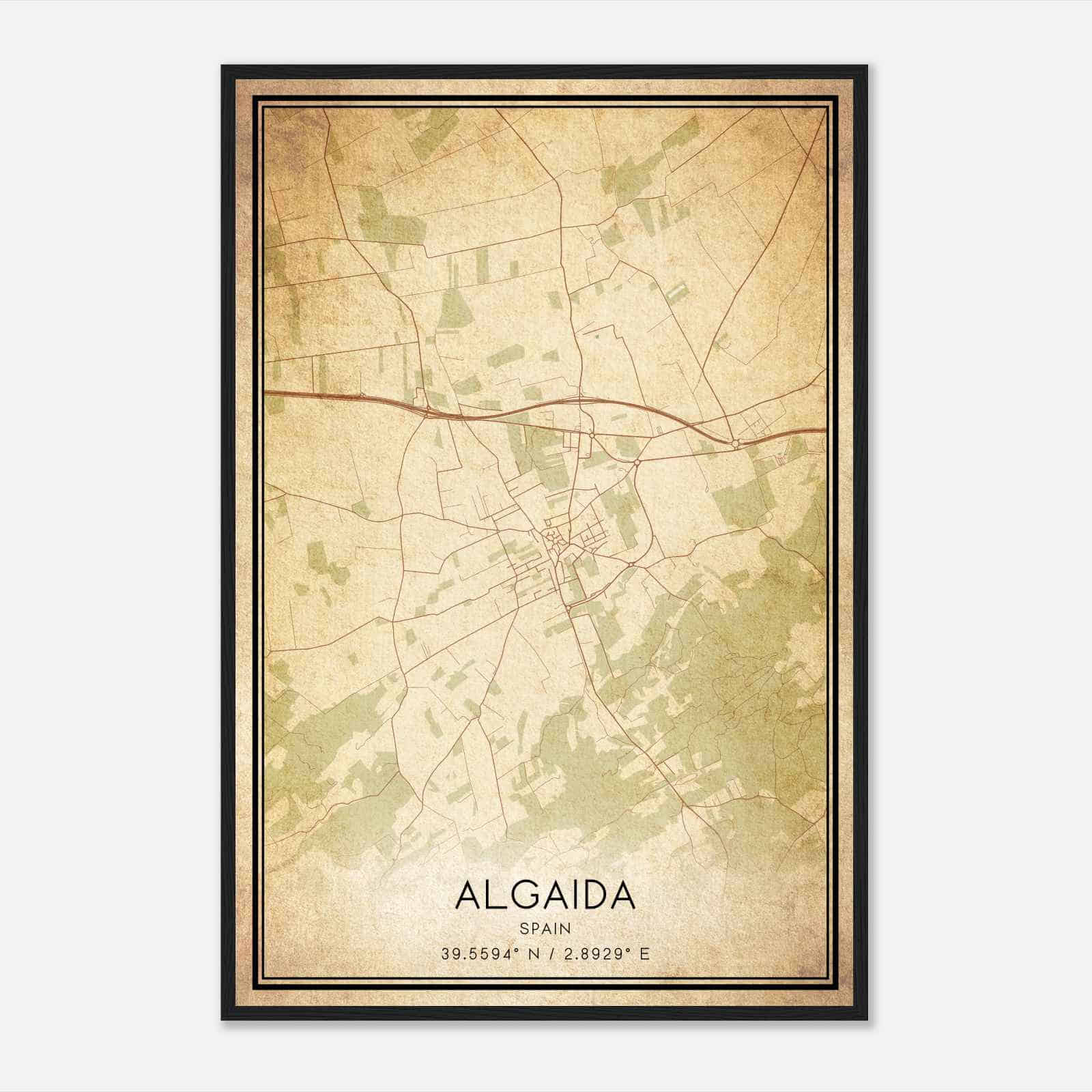 Vintage Algaida Spain Map Poster, Algaida City Road Wall Art Print