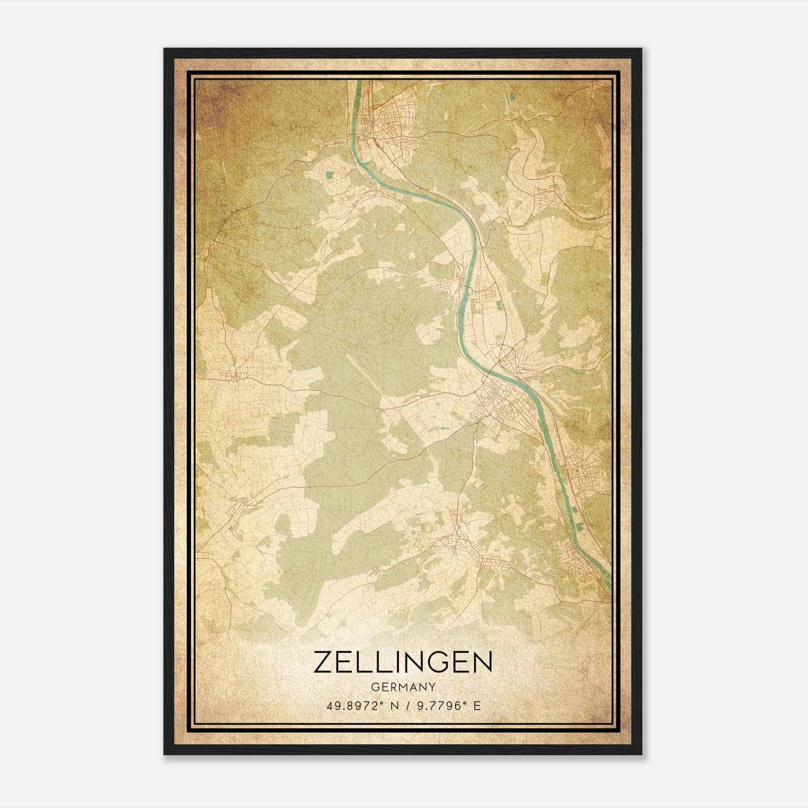 Vintage Zellingen Germany Map Poster, Zellingen City Road Wall Art Print