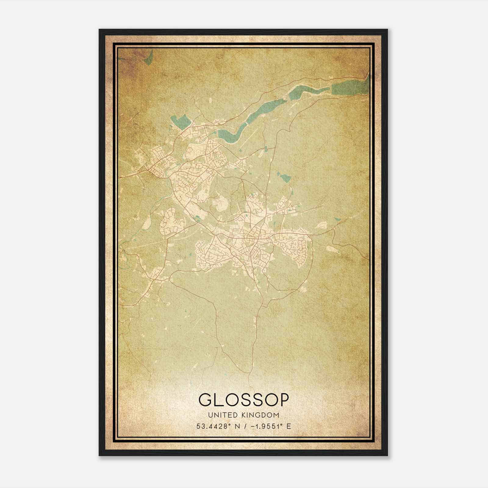 Vintage Glossop United Kingdom Map Poster, Glossop City Road Wall Art Print