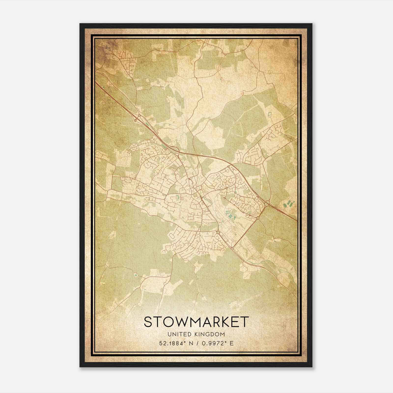 Vintage Stowmarket United Kingdom Map Poster, Stowmarket City Road Wall Art Print