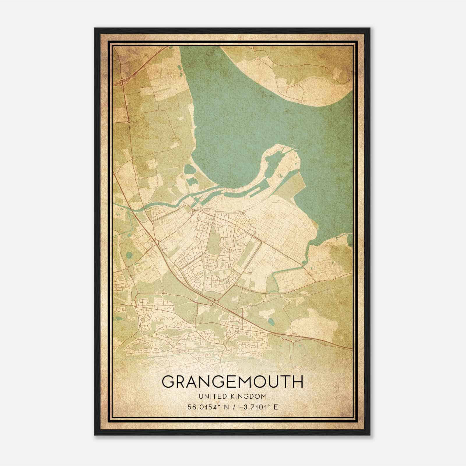 Vintage Grangemouth United Kingdom Map Poster, Grangemouth City Road Wall Art Print