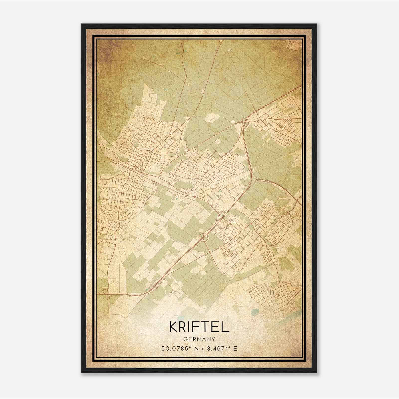 Vintage Kriftel Germany Map Poster, Kriftel City Road Wall Art Print